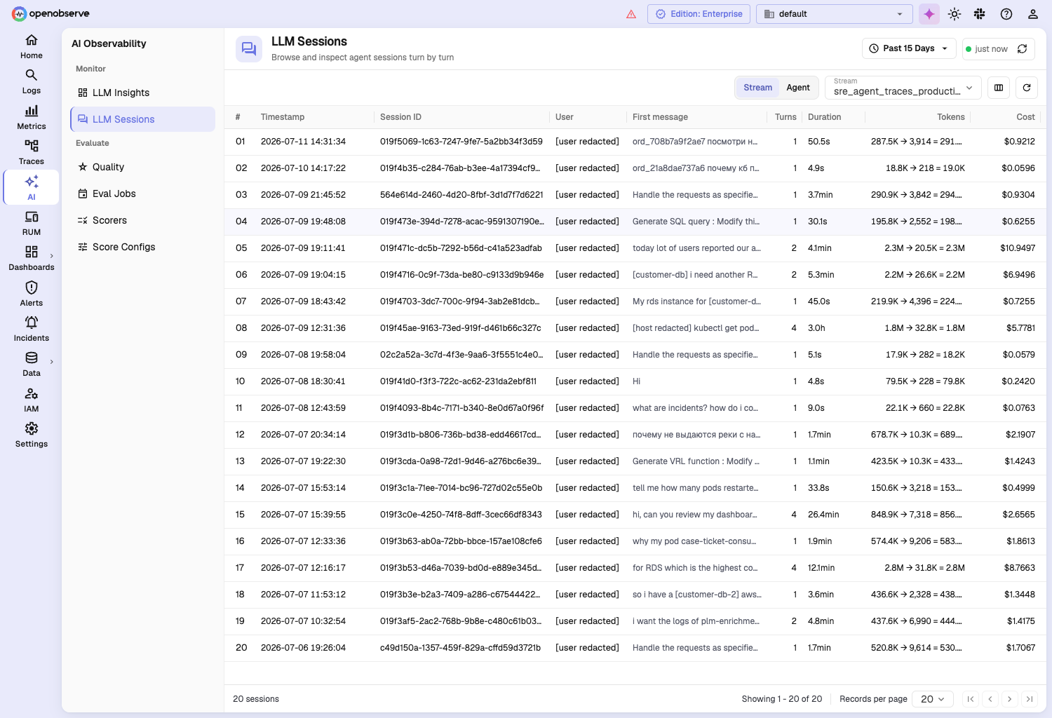 OpenObserve LLM Sessions list scoped to one agent stream, columns for Timestamp, Session ID, User, First message, Turns, Duration, Tokens and Cost, with a $6.9496 / 2.2M-token session on 2026-07-09 standing out among mostly sub-dollar rows