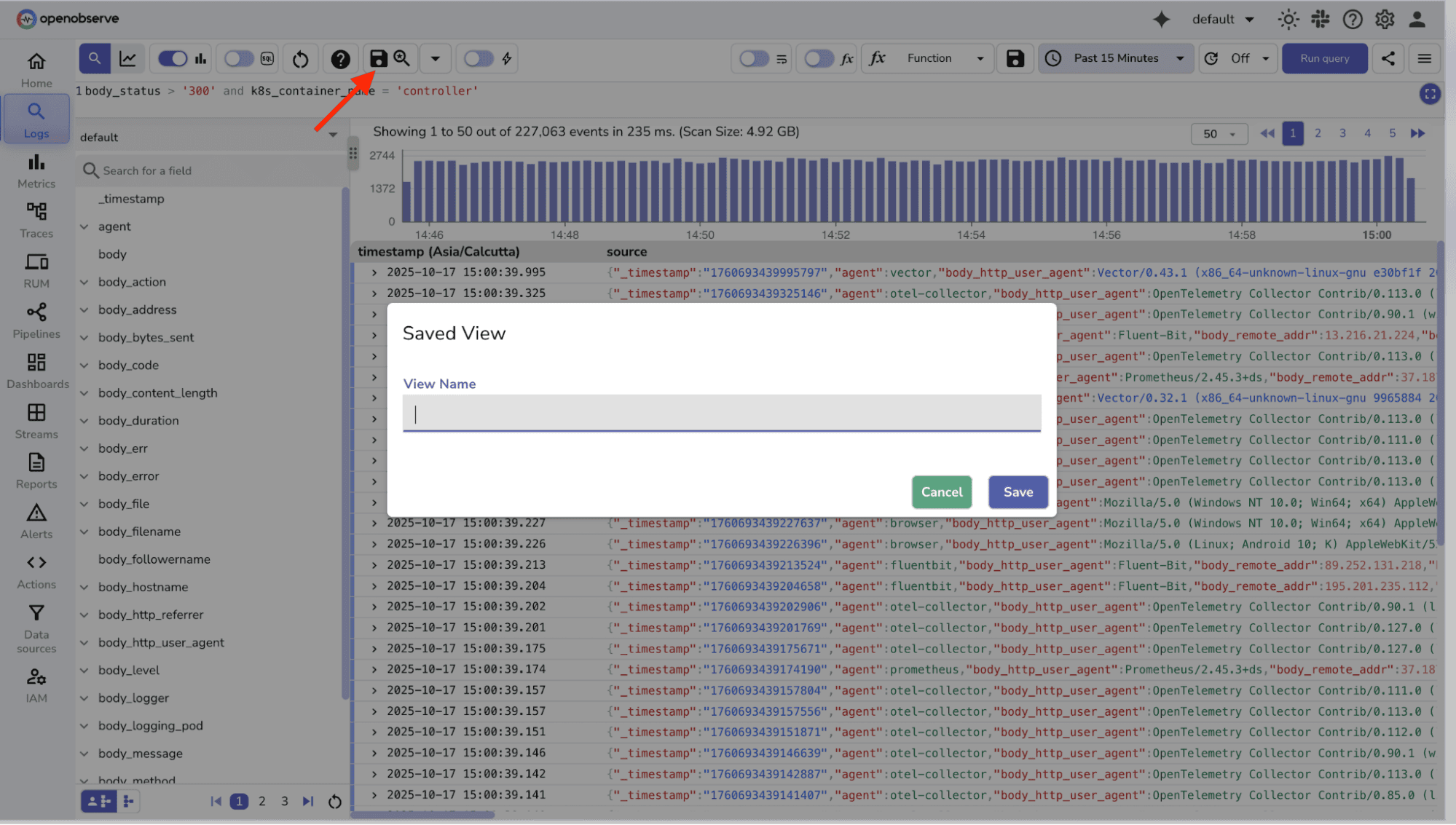 Creating saved views for Filtered logs