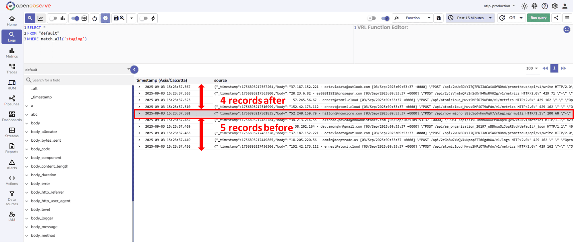 Event selector for logs in search around feature