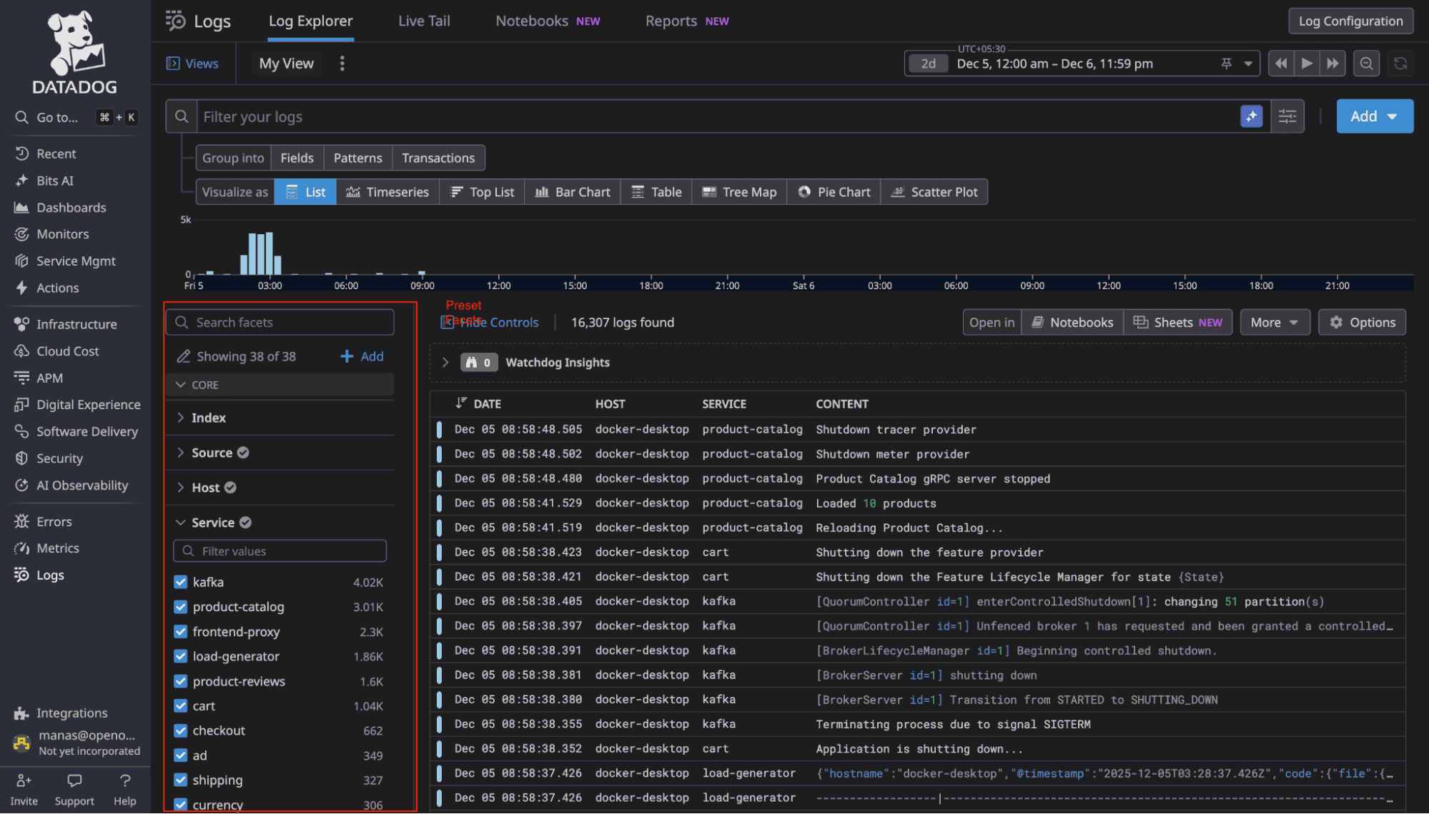 DataDog log explorer showing limited preset facets on left sidebar
