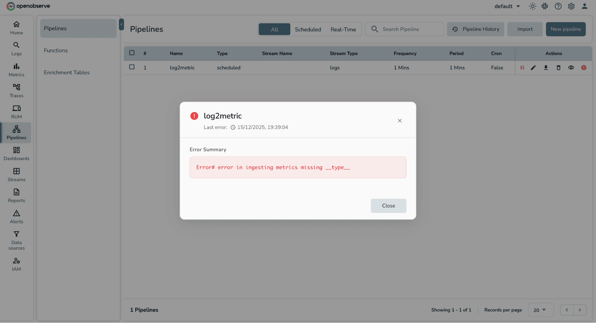 Pipeline Failure Signals and message in the OpenObserve UI