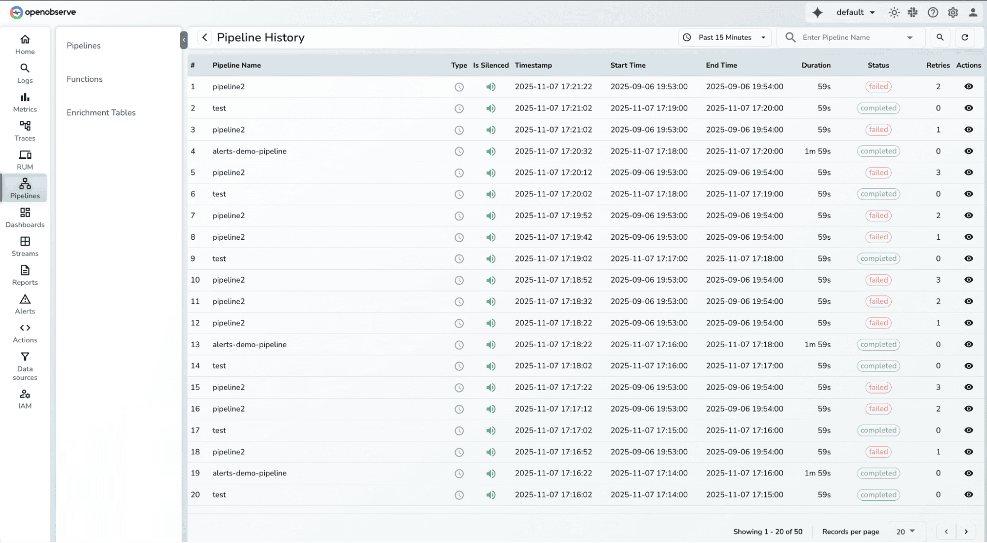 A screenshot of the alert history page