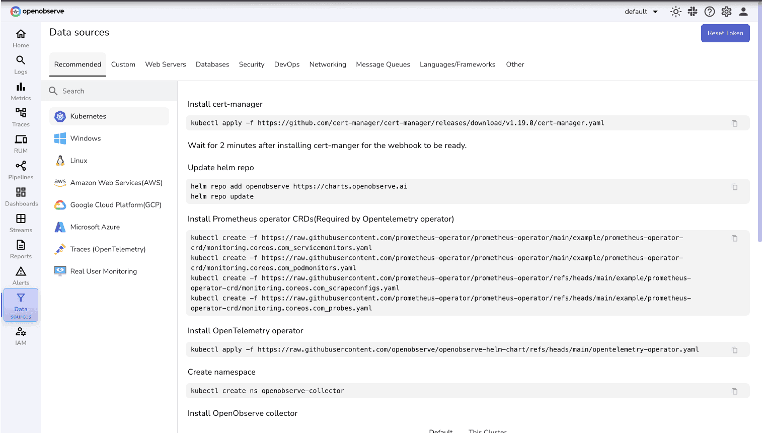 Data Sources UI in OpenObserve