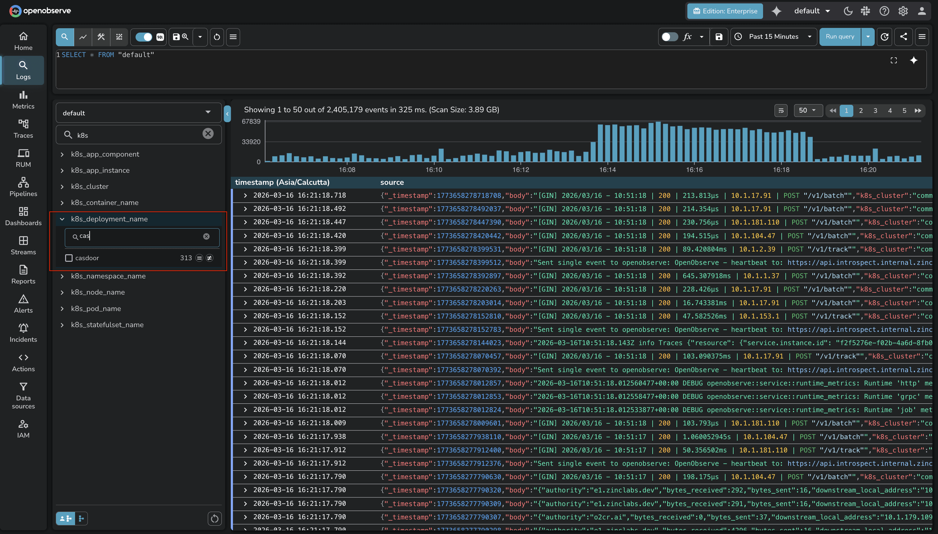 Field value search in OpenObserve Logs UI