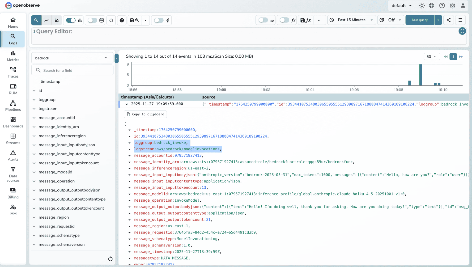 Verify Bedrock logs in OpenObserve