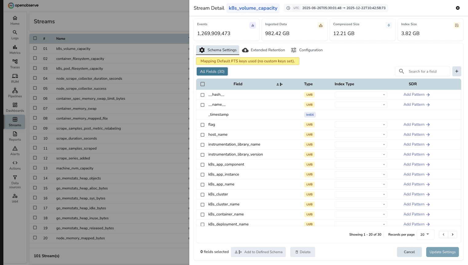 OpenObserve Metrics Stream Settings
