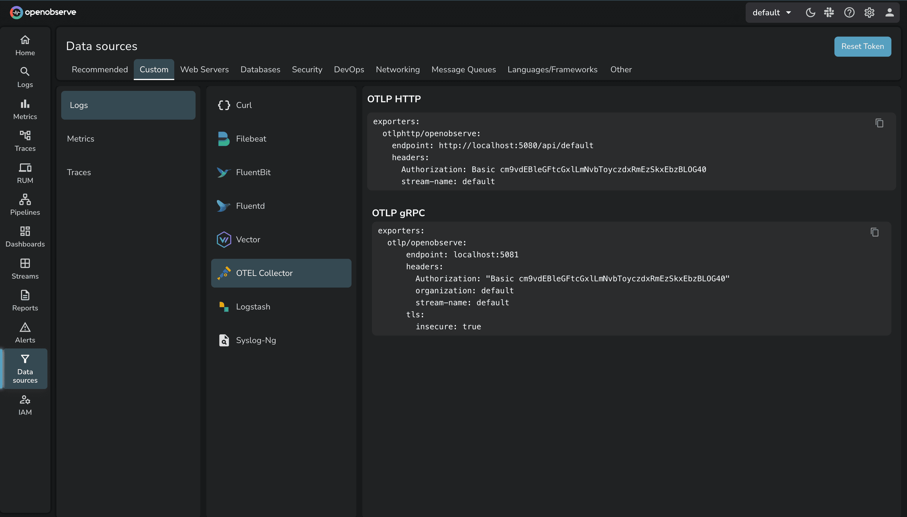 Otel Collector Data Sources Page