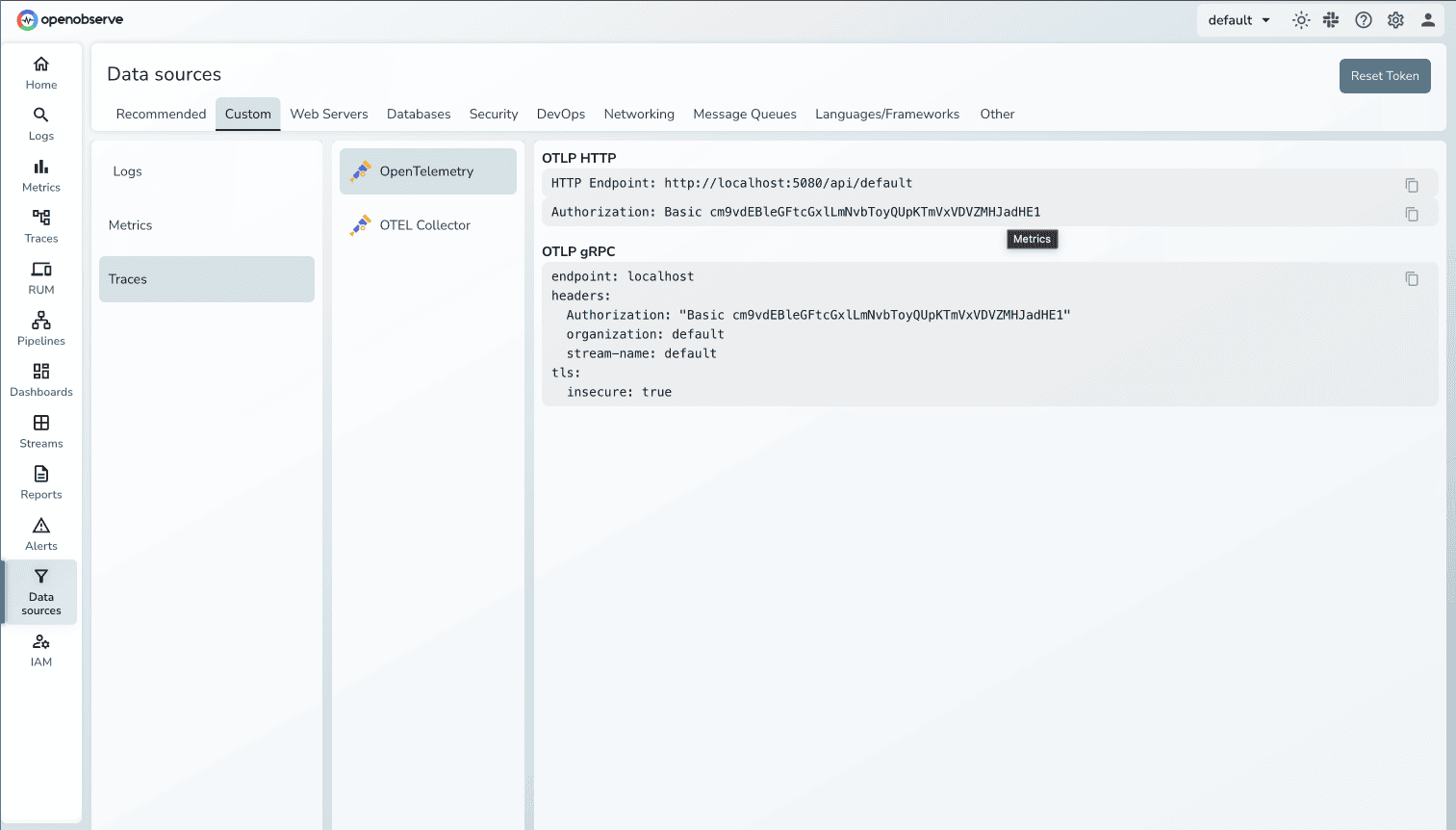 Data Sources UI for Opentelemetry