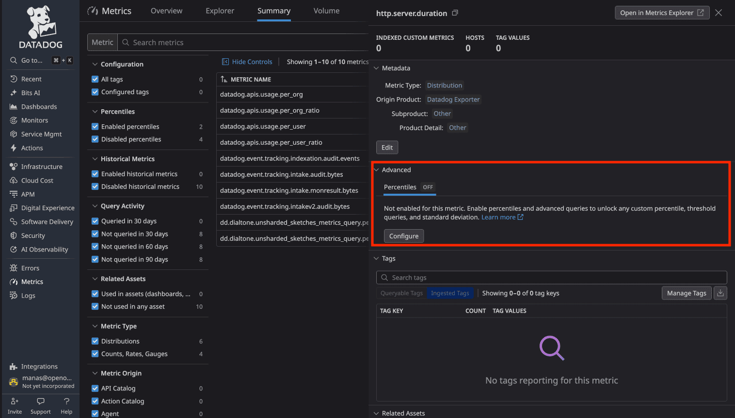 DataDog metric configuration showing percentile enablement requirement