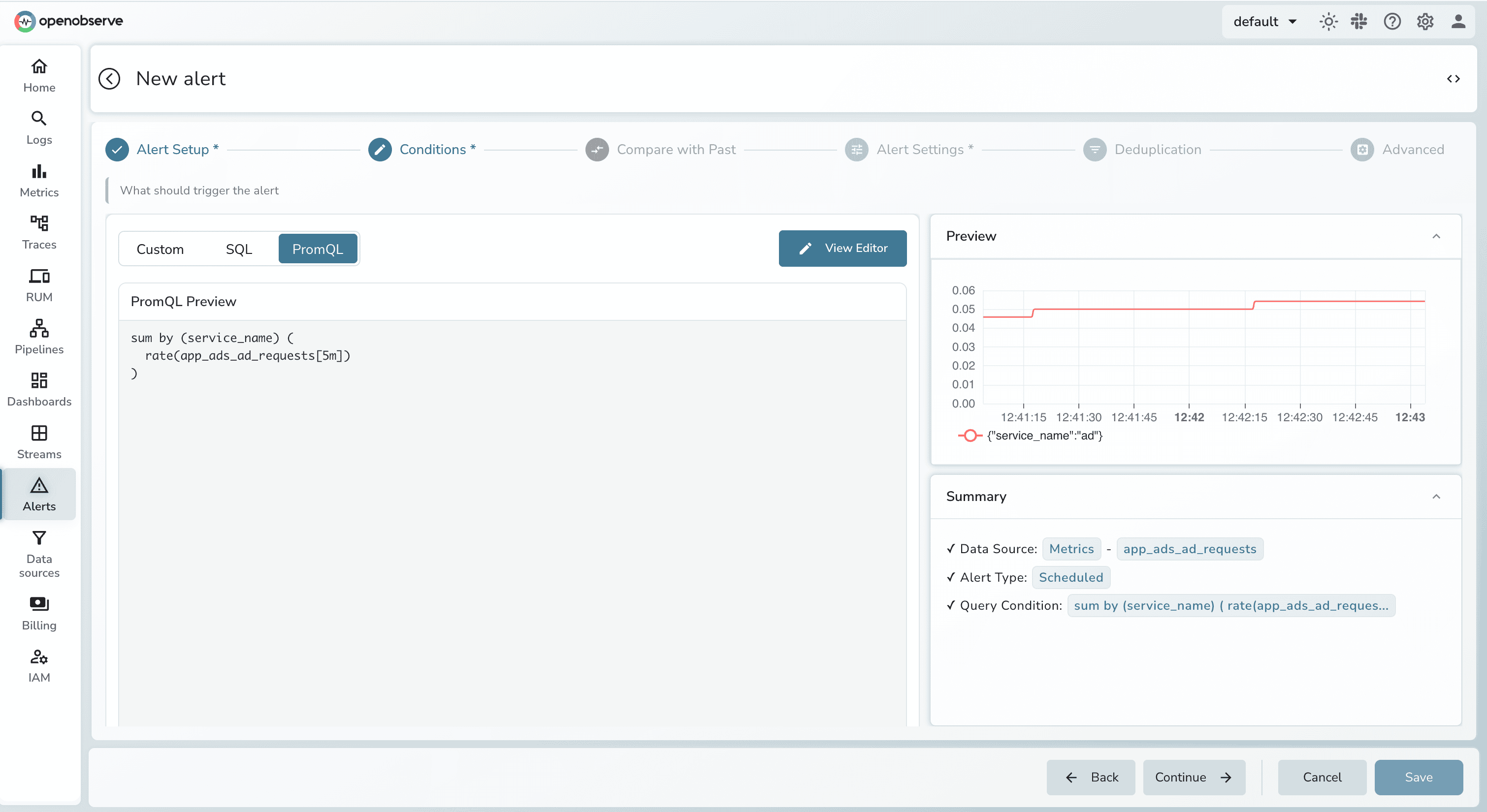 OpenObserve PromQL support for Metrics Alert