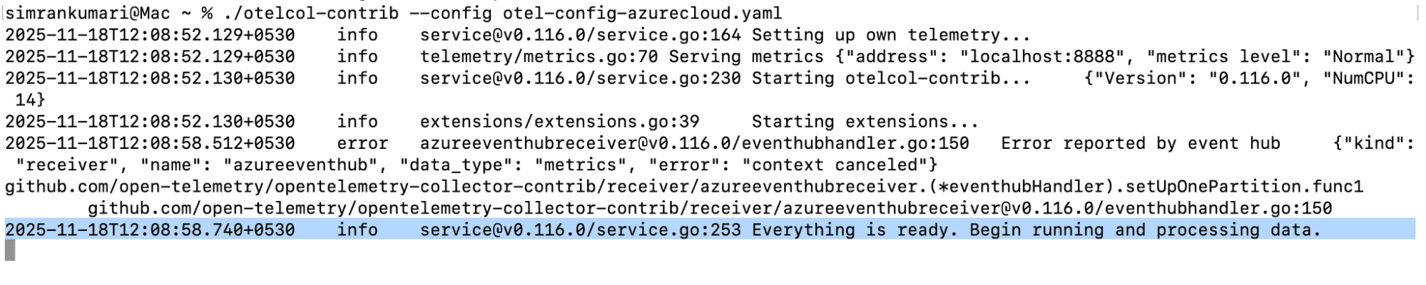 Running Otel Collector with Azure EventHub Receiver