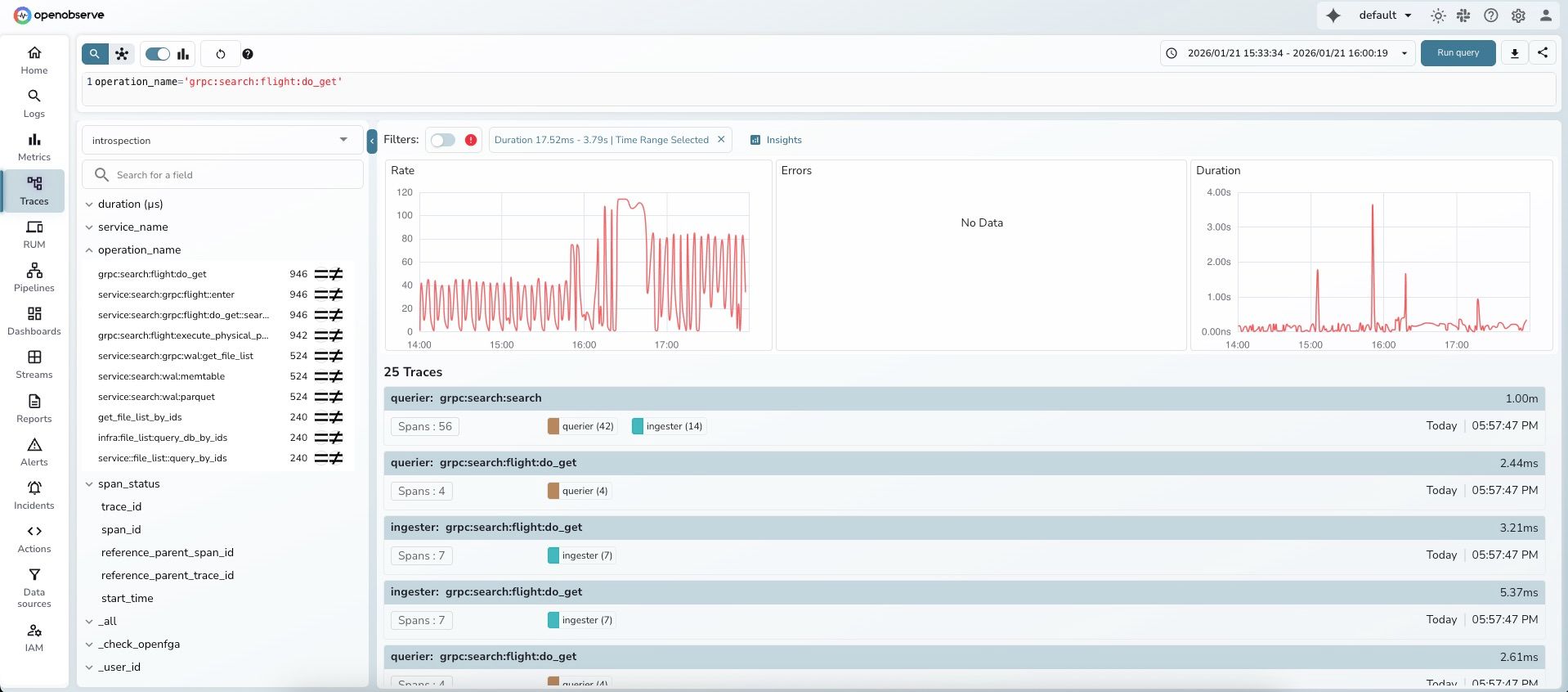 Trace duration brush selection with filter chip showing selected range from 17.52ms to 3.79s for latency analysis