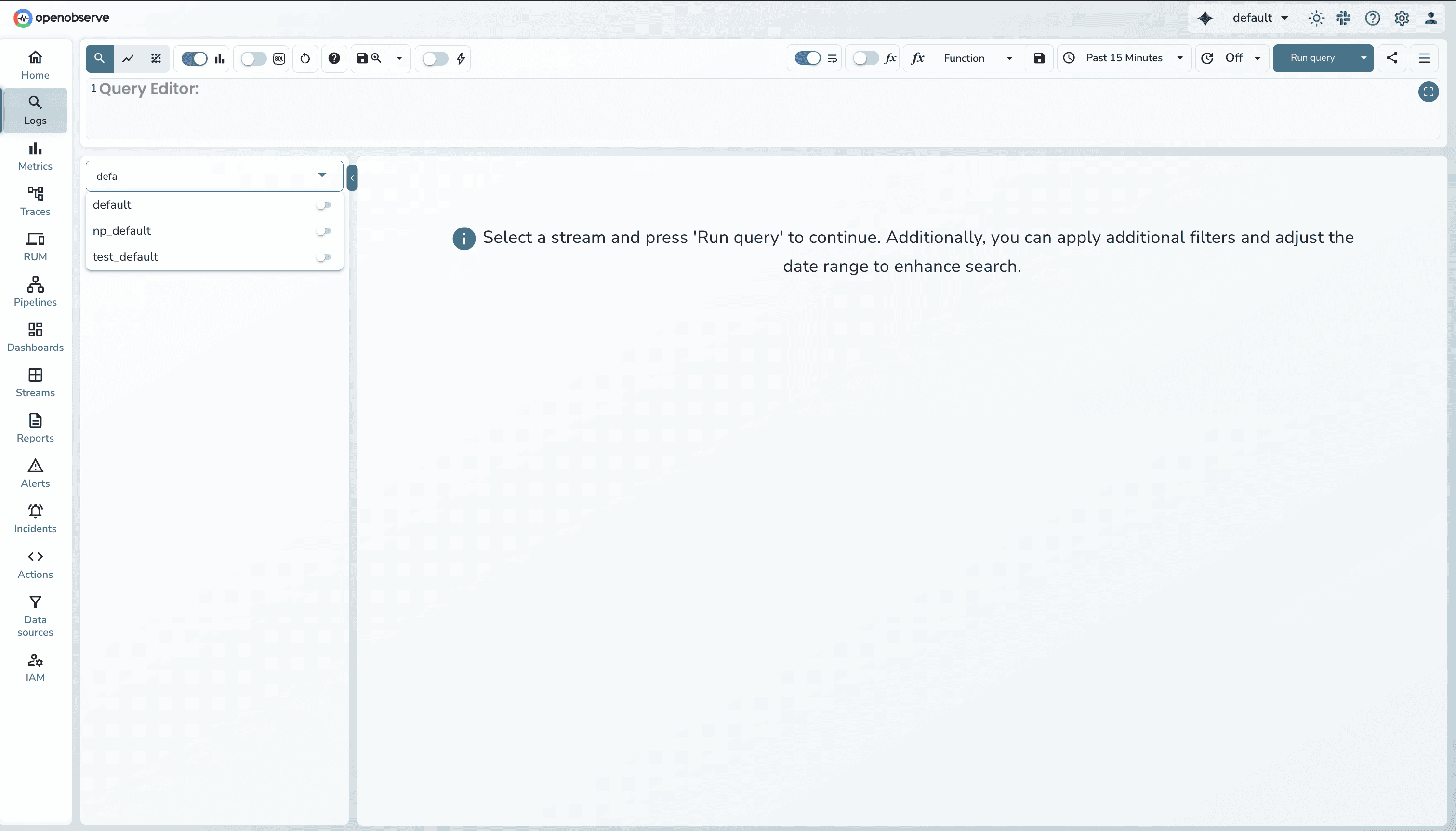 Select a log stream in OpenObserve UI