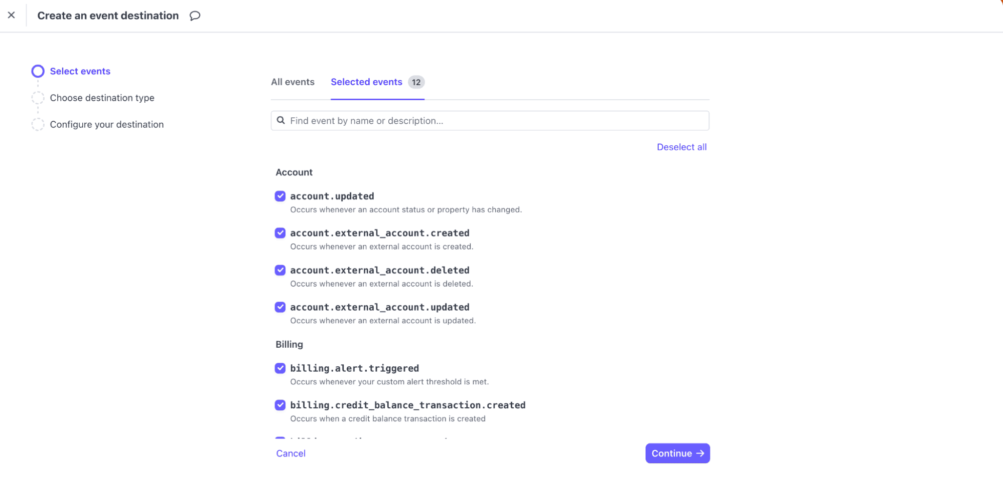 Select the stripe events you want to receive