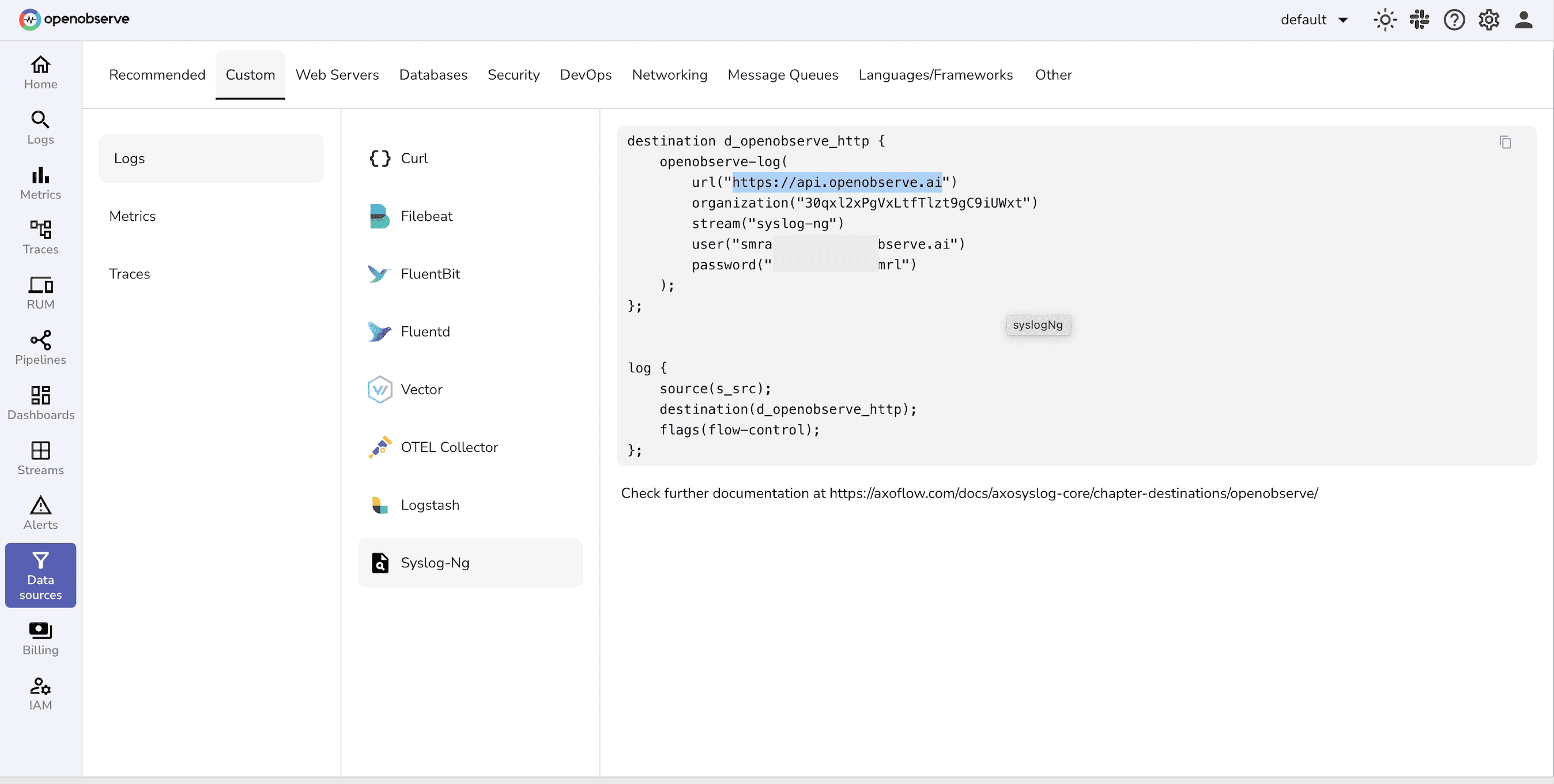 Find Base URL from OpenObserve Data Sources Tab