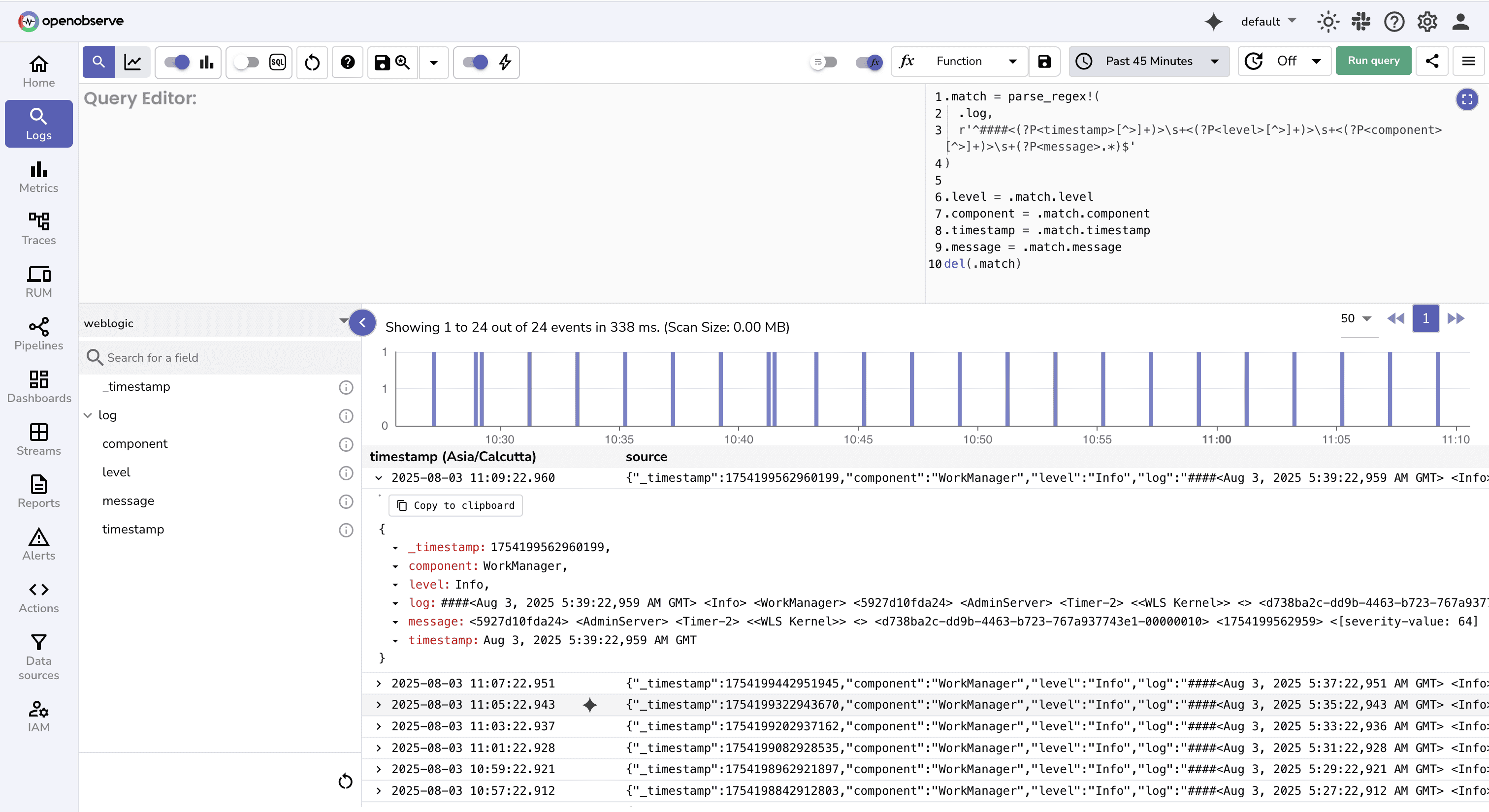 Using VRL to structure WebLogic logs in OpenObserve