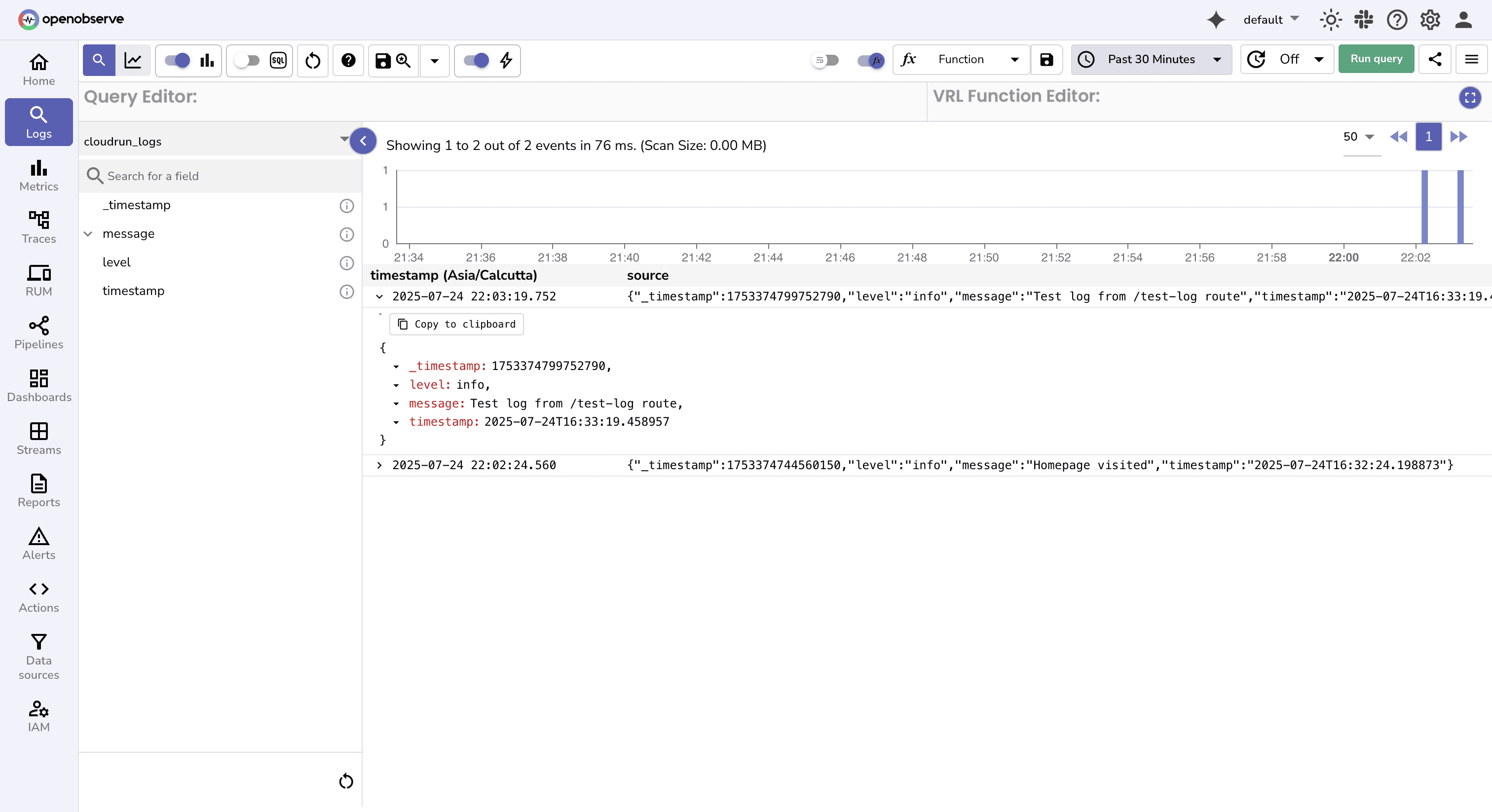 Verifying logs ingestion from Google Cloud Run in the OpenObserve UI