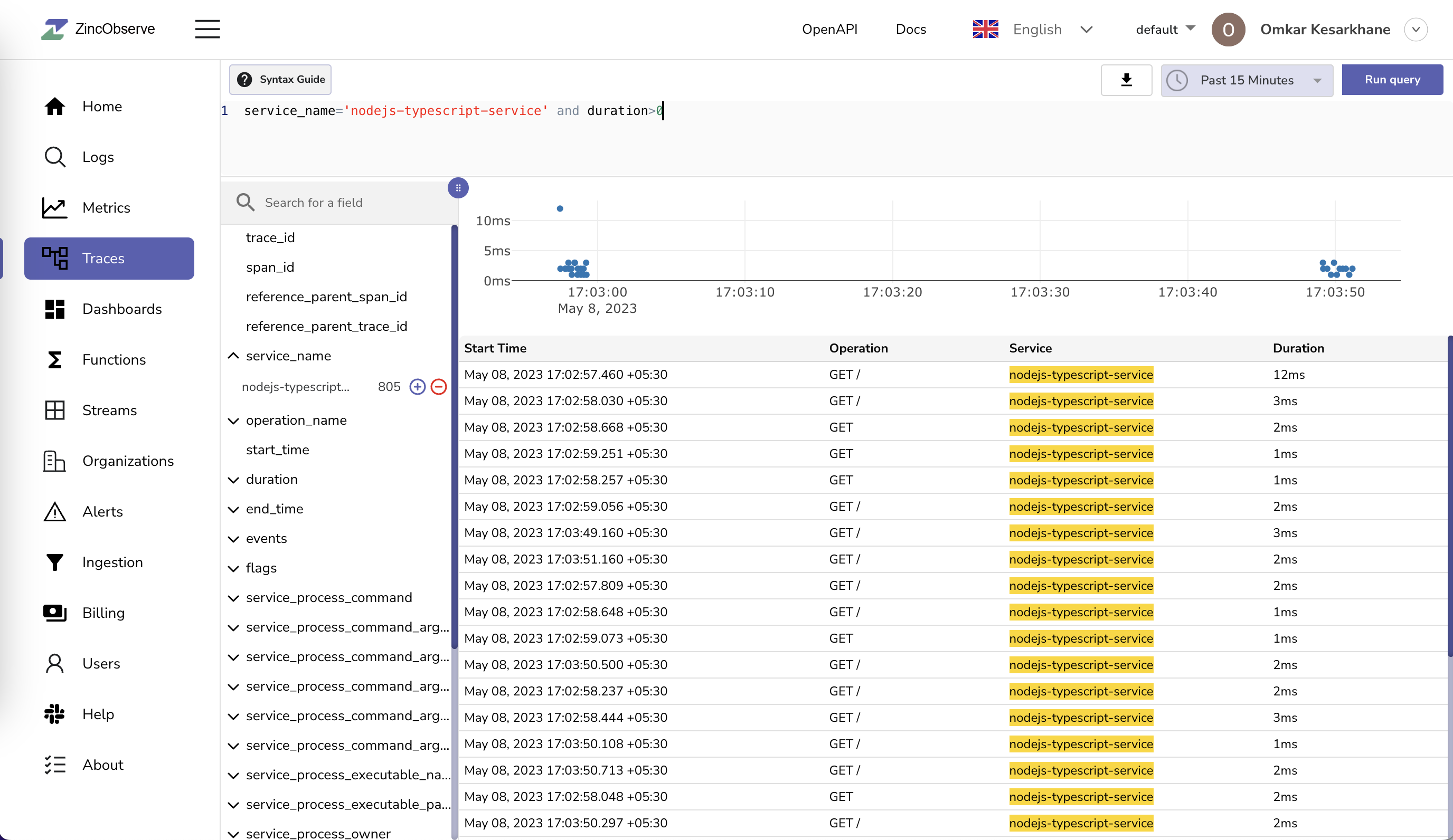 Filter traces with service name