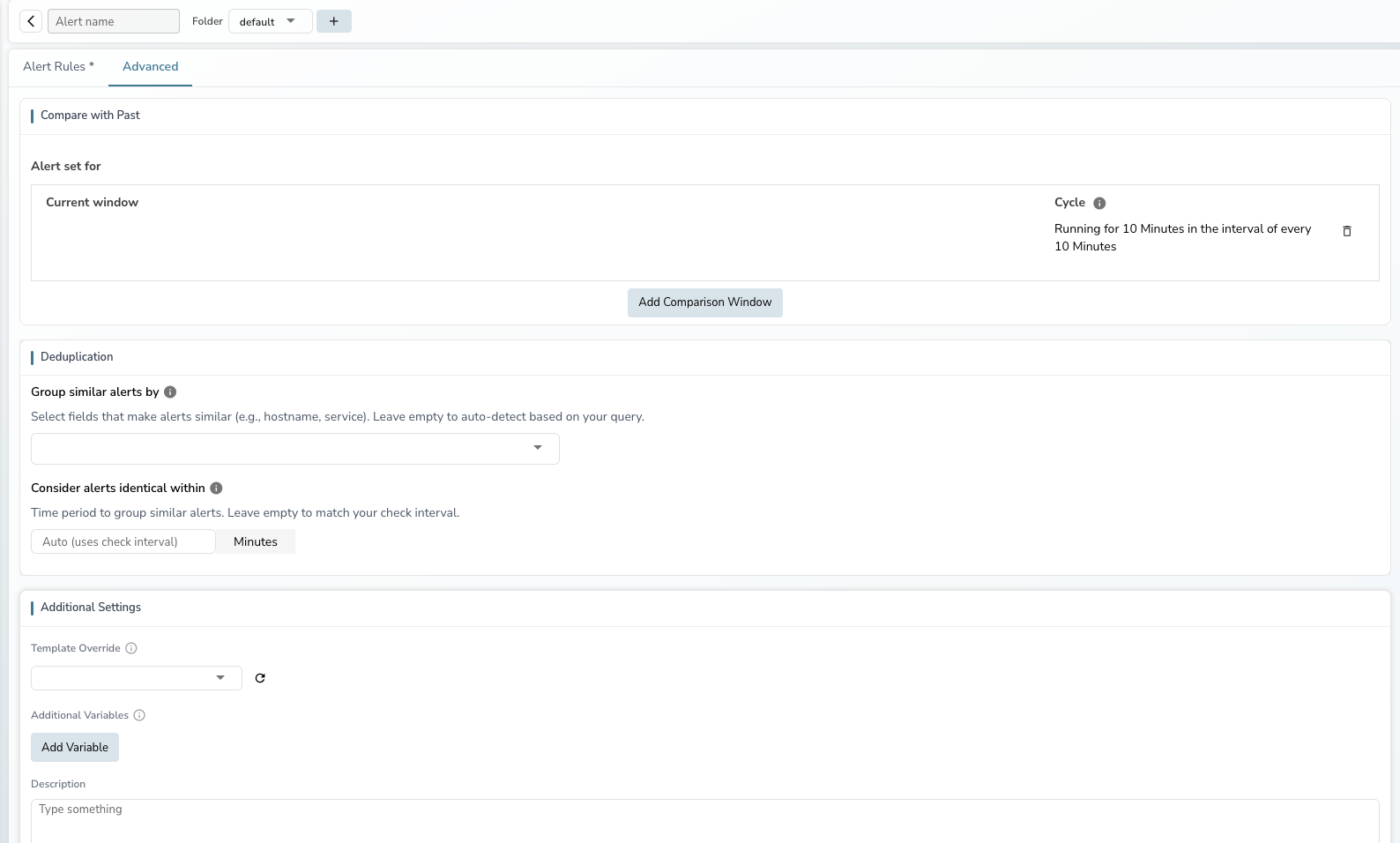 Advanced tab with Compare with Past, Deduplication, and Additional Settings sections