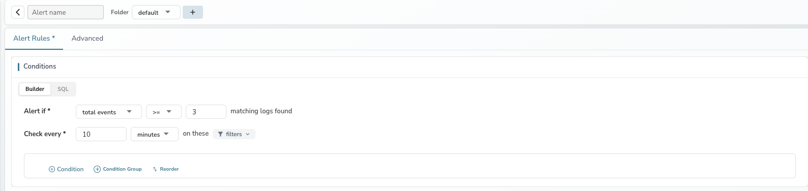 Alert form in count mode showing "Alert if total events >= 3 matching logs found" with preview and summary