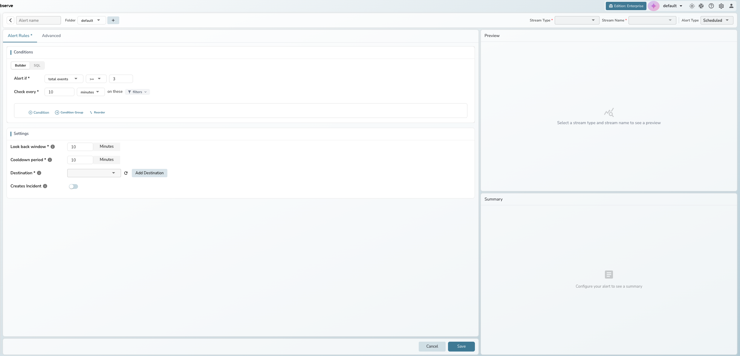 Empty alert creation form with top bar fields and two-tab layout