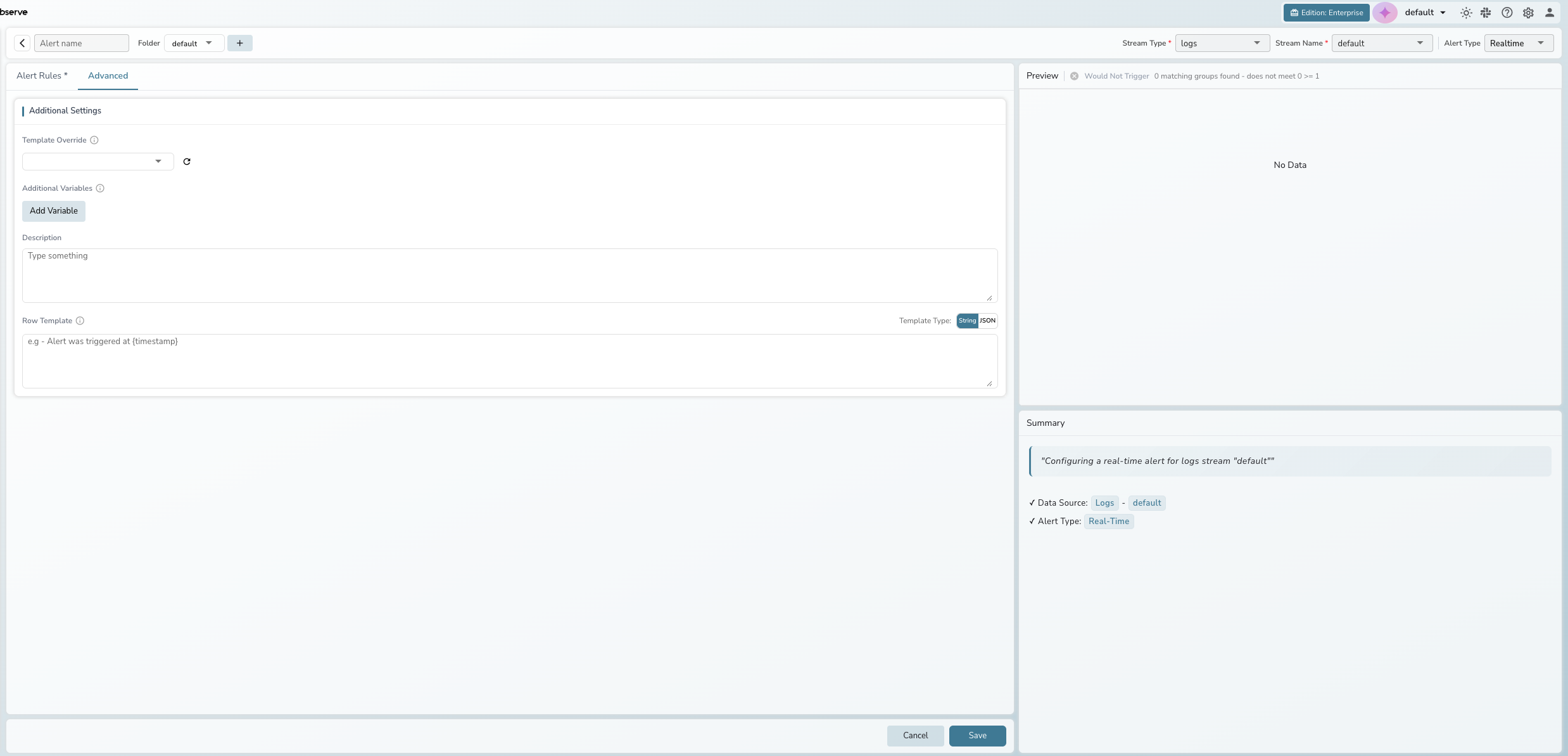Real-time alert showing simplified UI