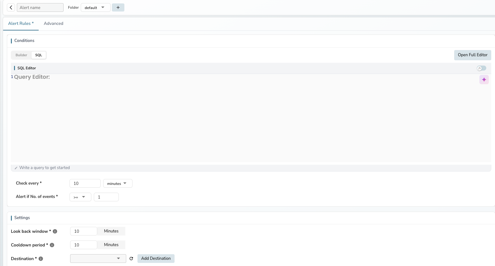 SQL mode with inline editor, Open Full Editor button, and threshold controls