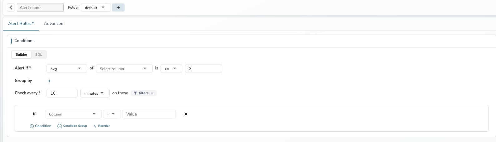 Alert form with a filter condition row added