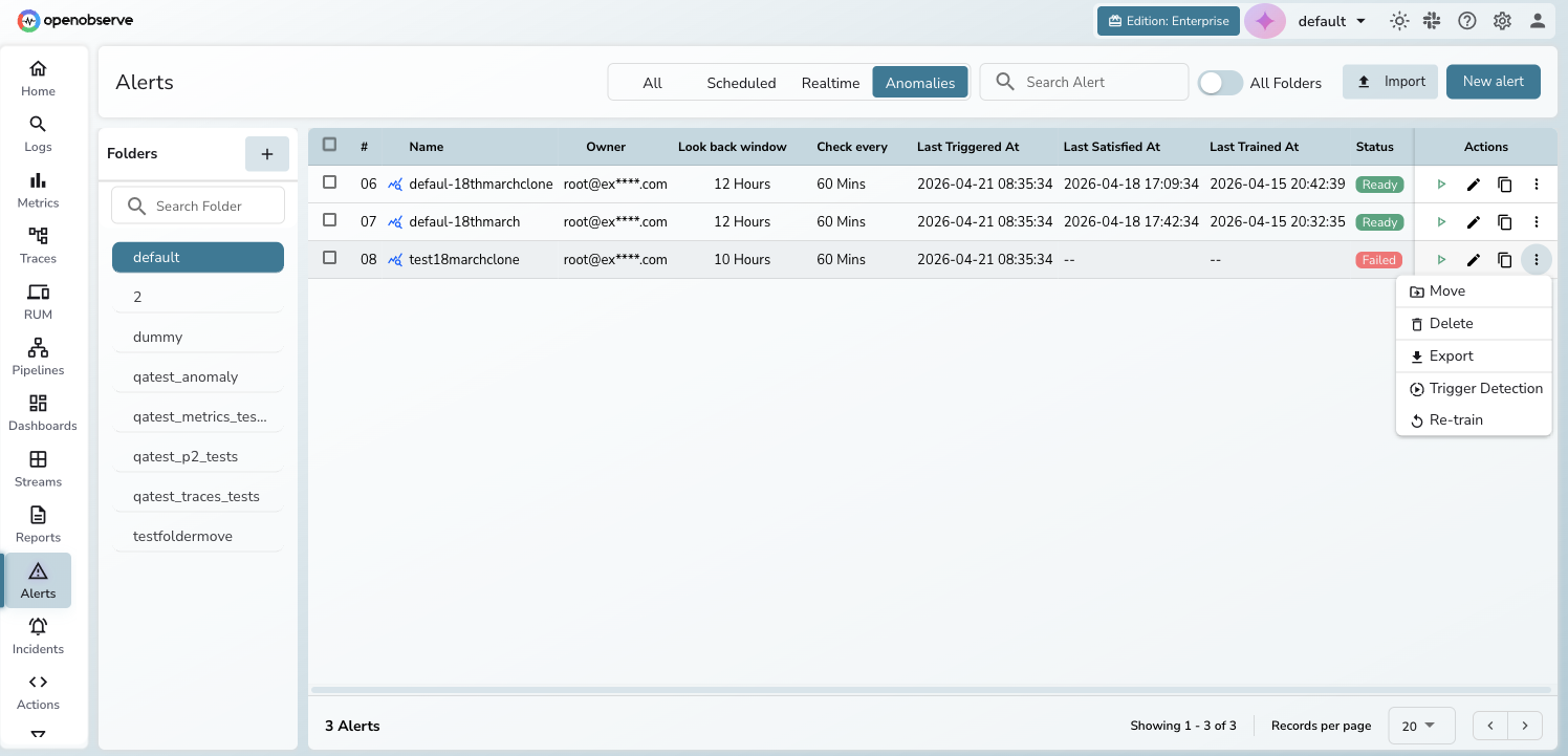 Action menu showing Move, Delete, Export, Trigger Detection, and Re-train options