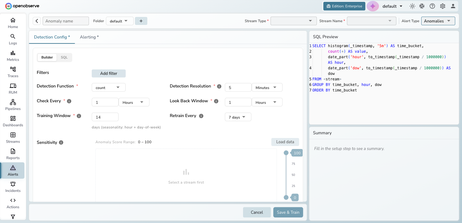 New anomaly detection form showing stream selection, detection config fields, and Save & Train button