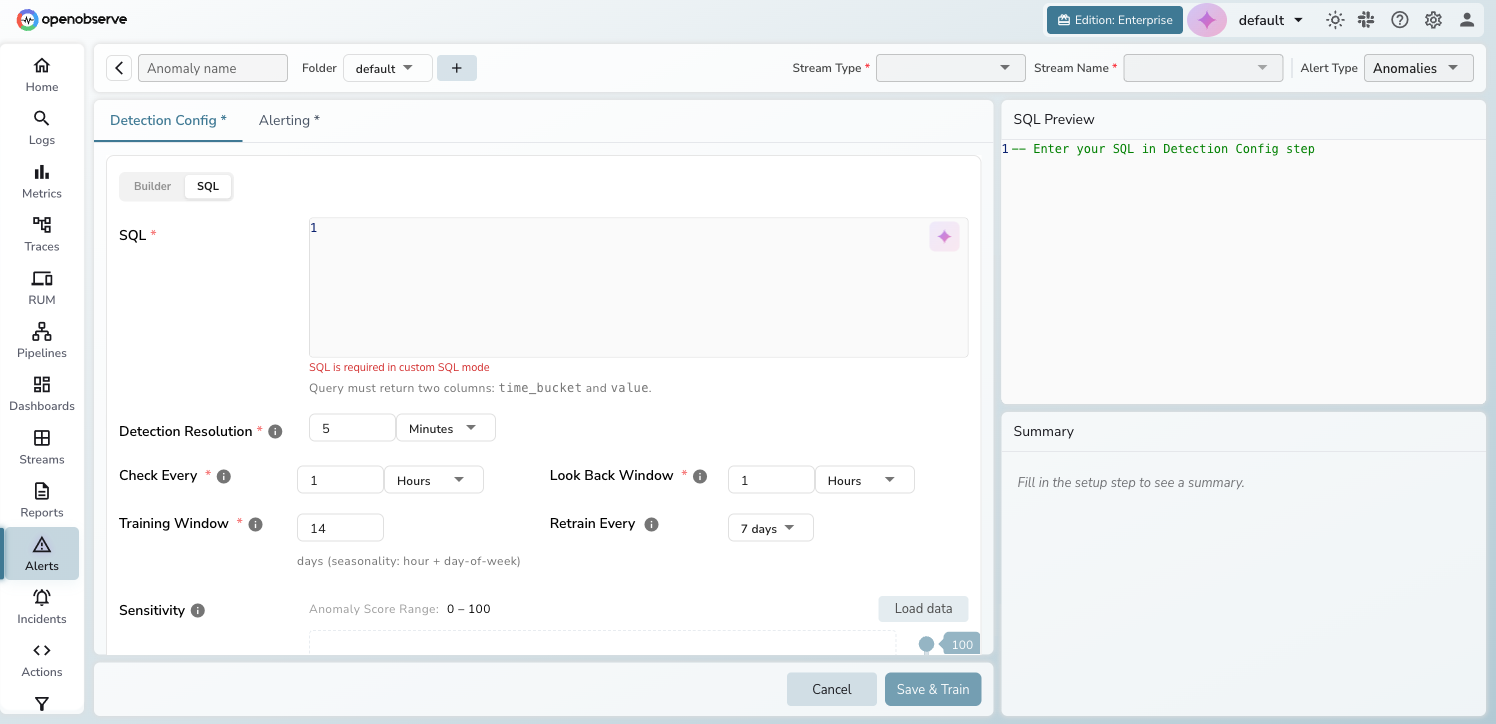 SQL mode showing the query editor with validation requirements