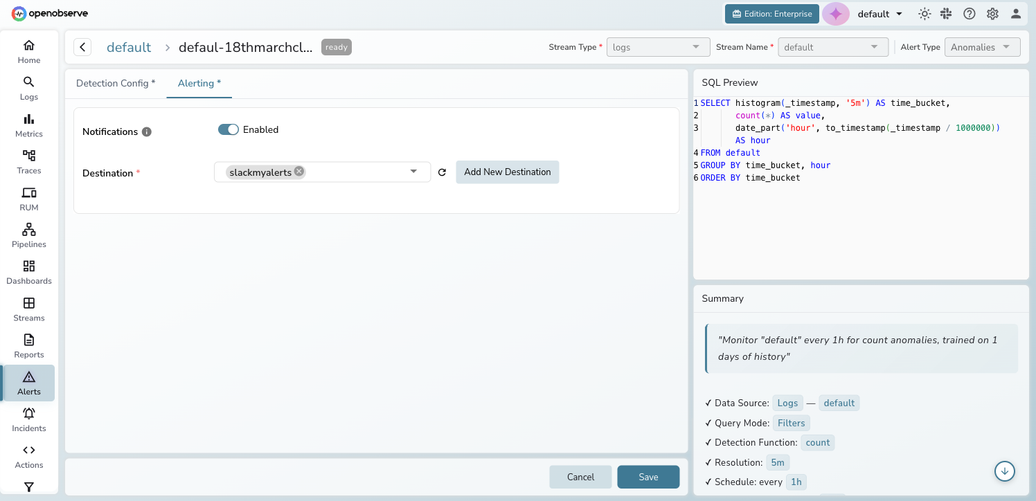 Alerting tab showing notifications enabled with a Slack destination configured