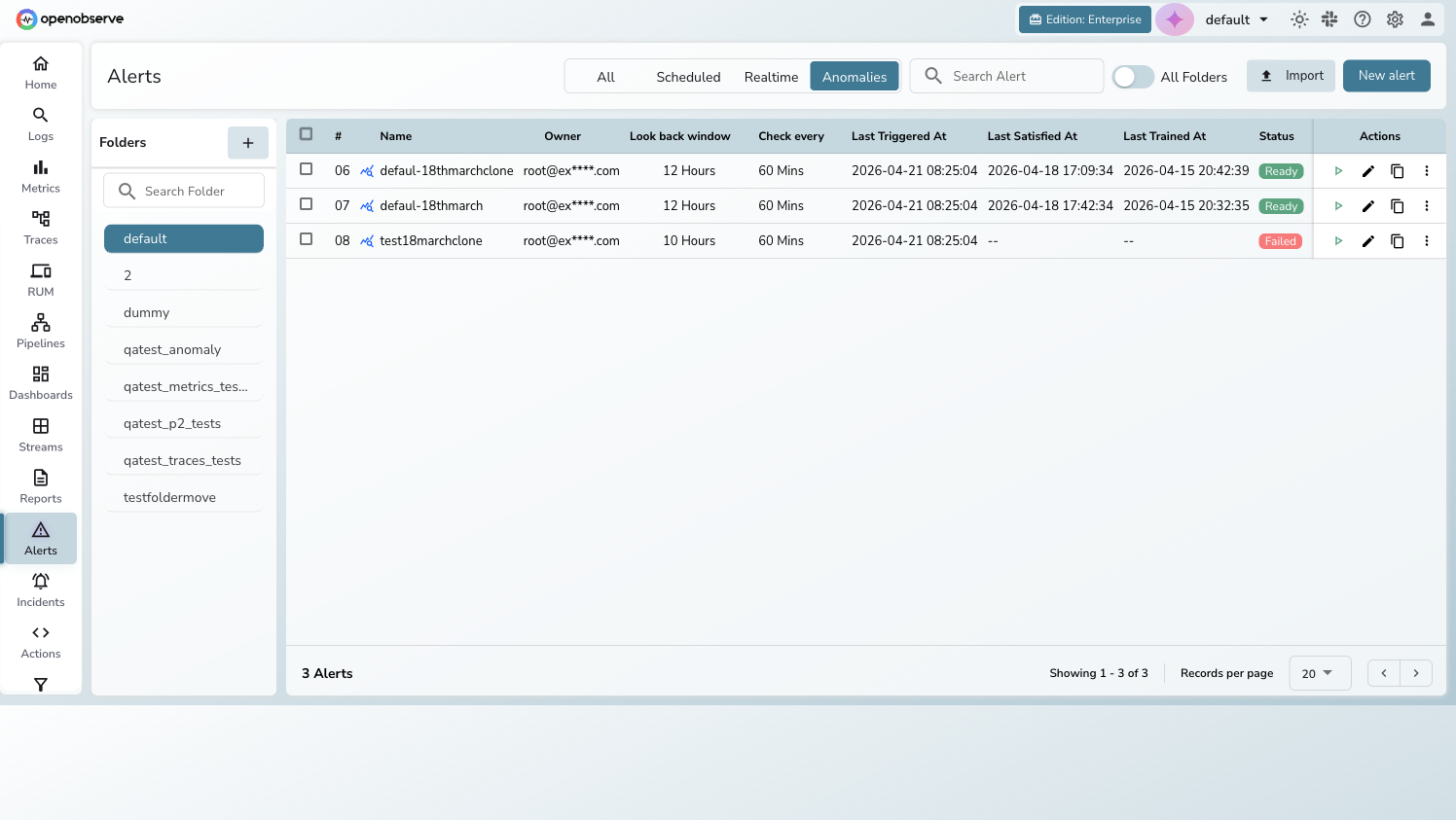 Anomaly Detection list showing configured rules with status, schedule, and training information