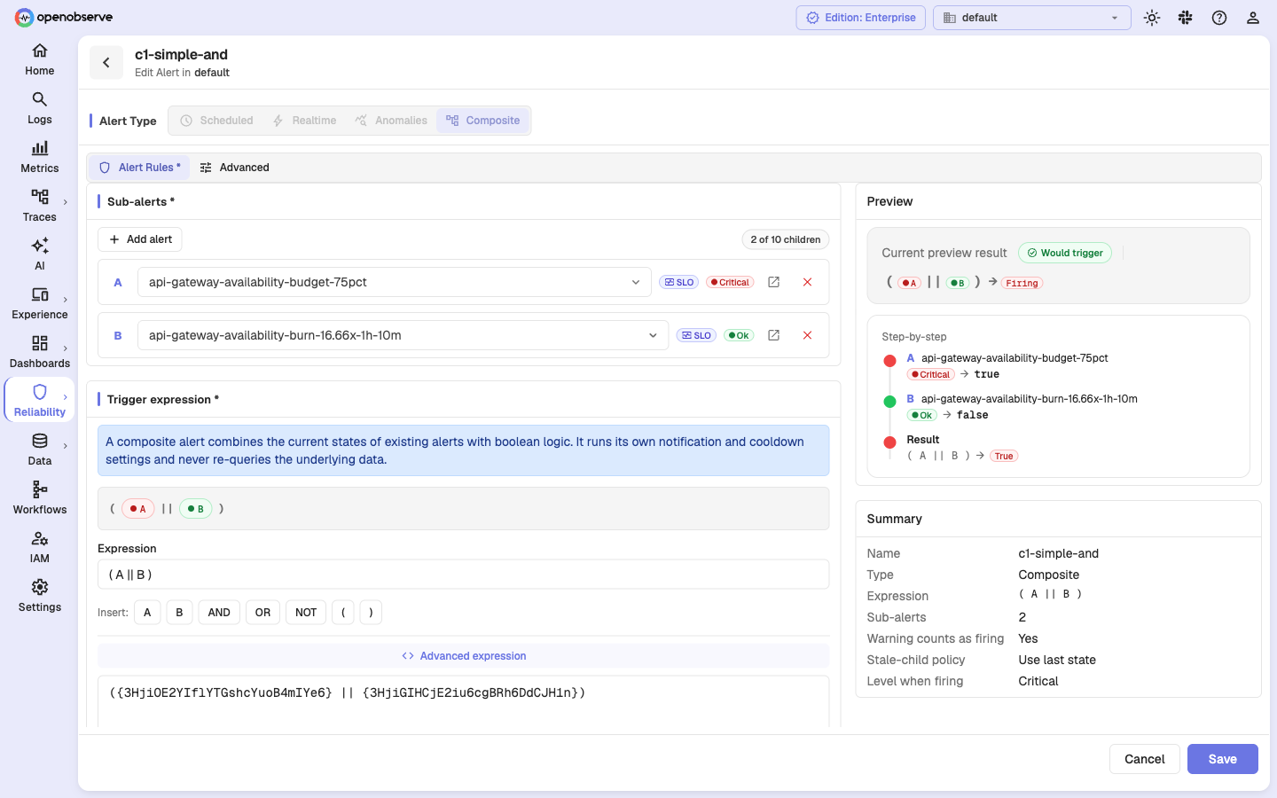 Advanced expression view showing the raw alert-ID expression form