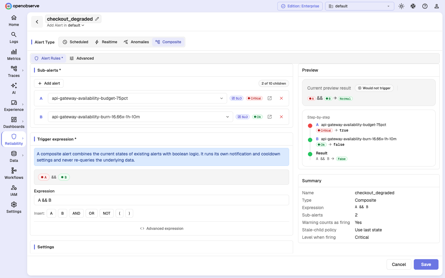 Composite alert form showing the sub-alert selector, trigger expression builder, and child behavior settings