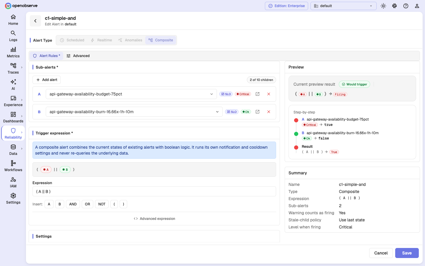 Edit composite alert form with the alert type locked and pre-populated expression and children