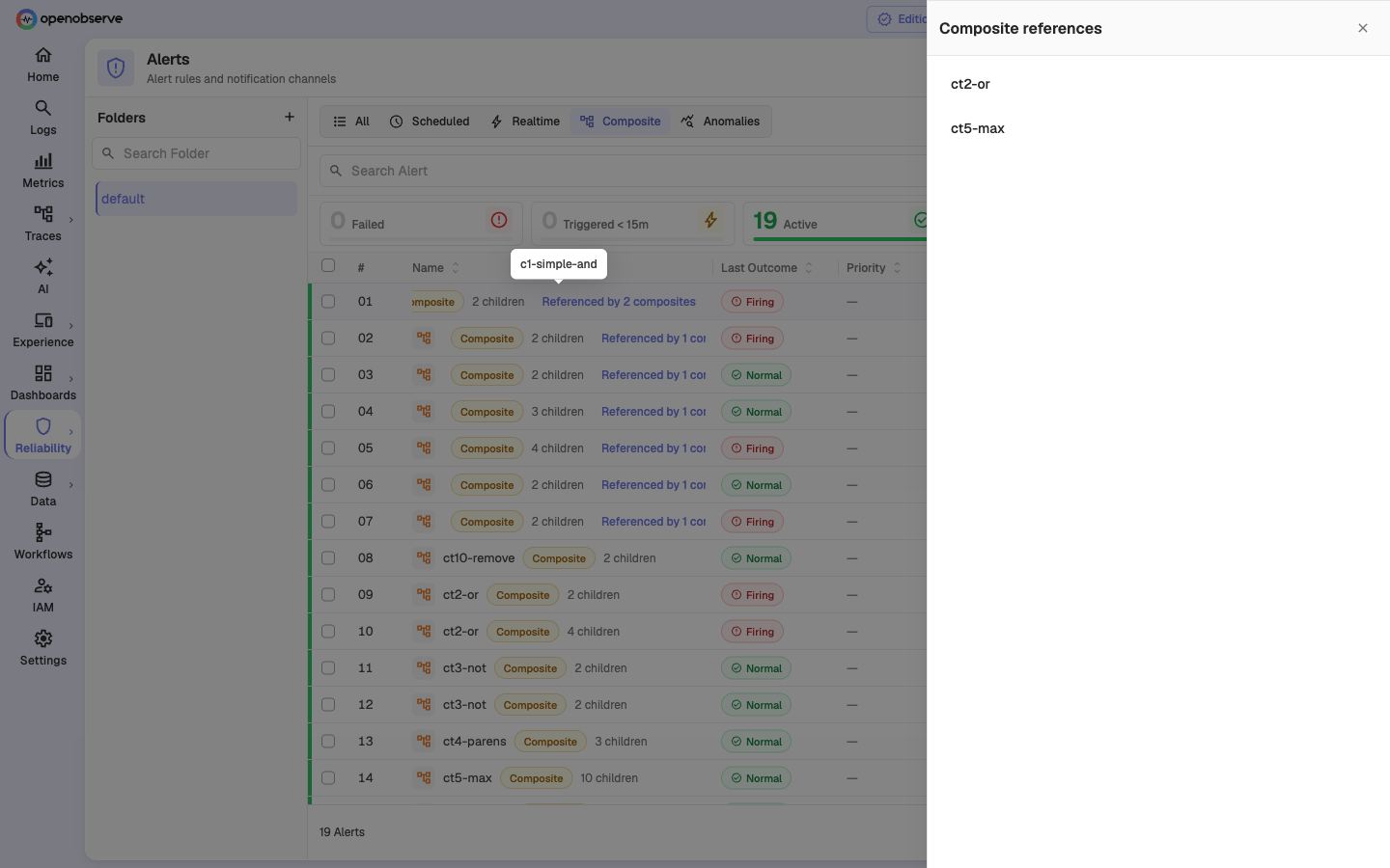 Composite references drawer listing the parent composites of a referenced alert