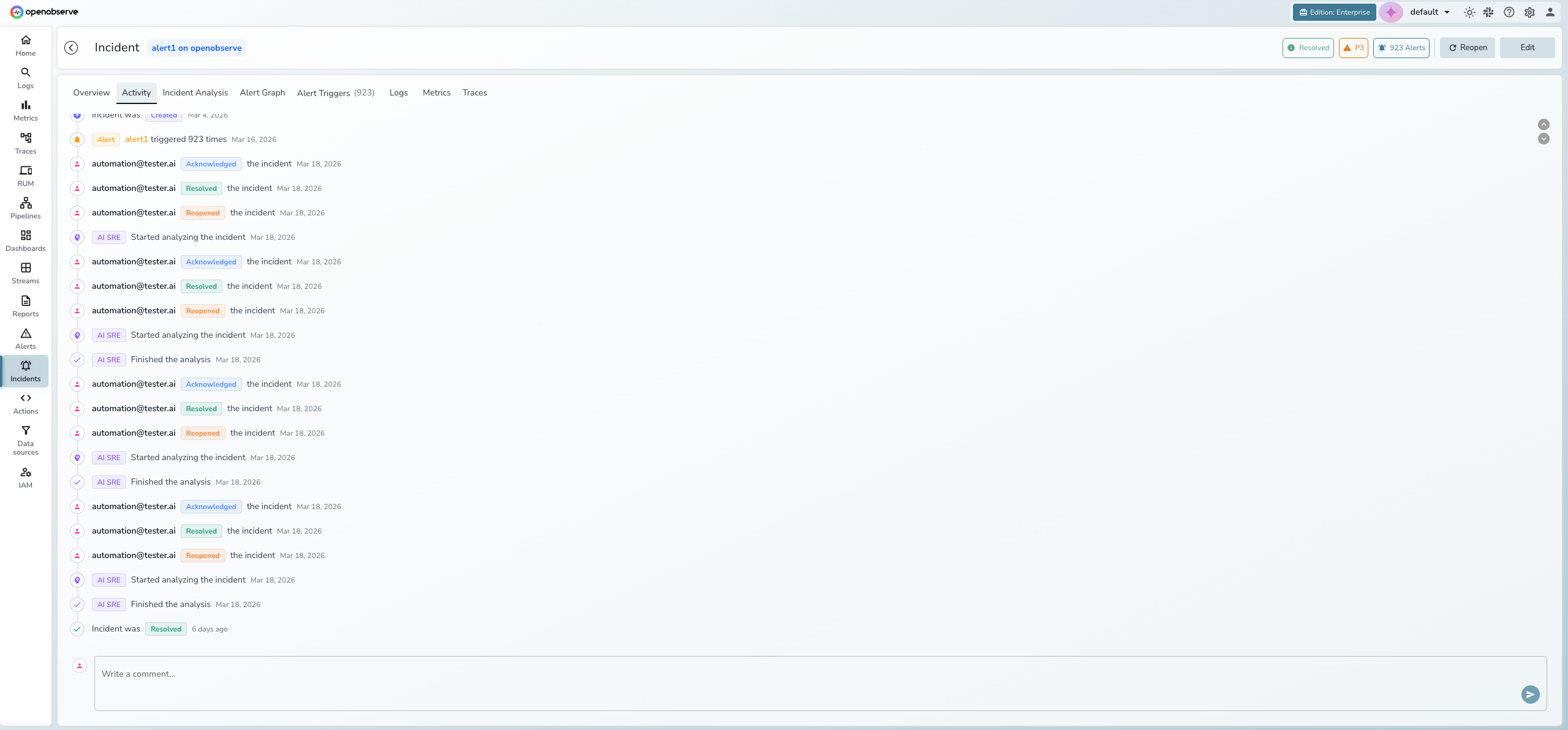 Activity timeline showing status changes, AI analysis events, and user actions