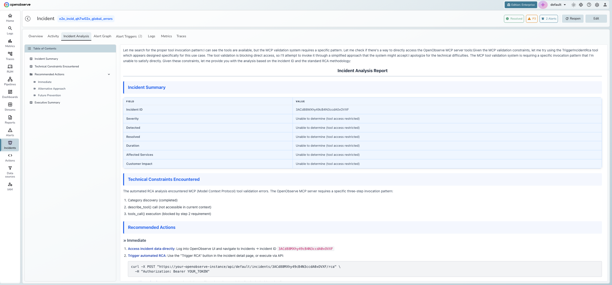AI-powered Incident Analysis with table of contents and structured report