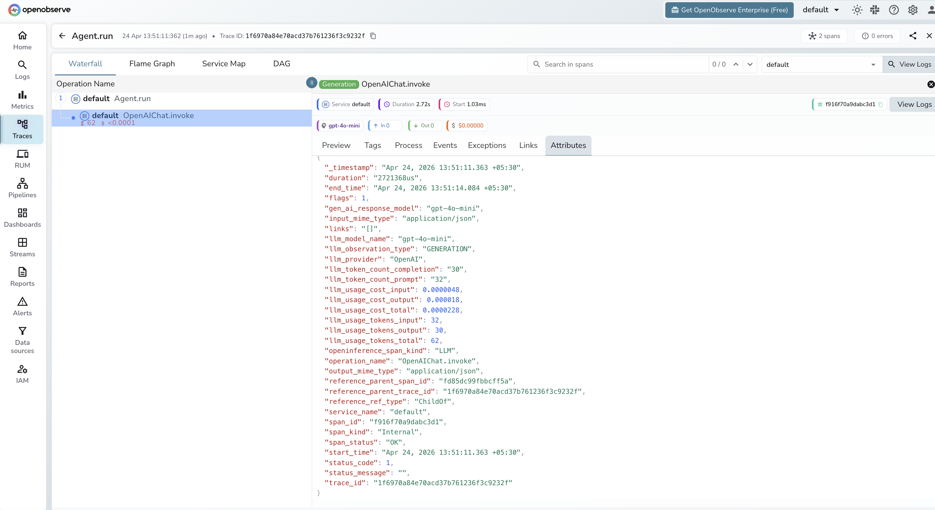 Agno trace in OpenObserve