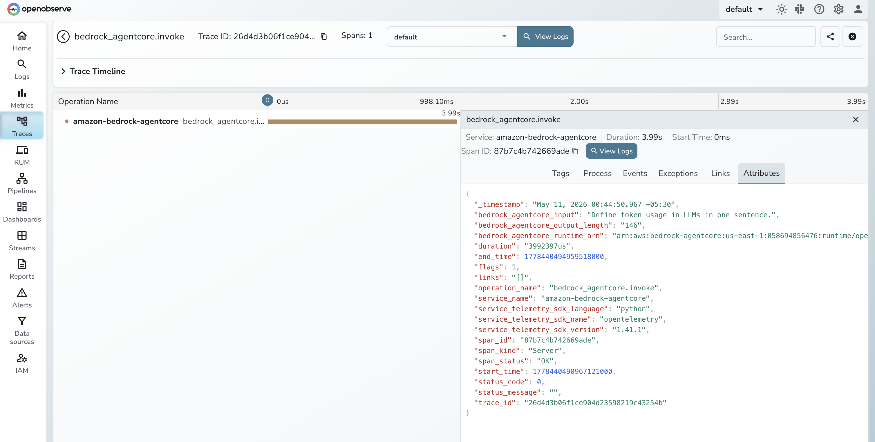 Amazon Bedrock AgentCore trace in OpenObserve