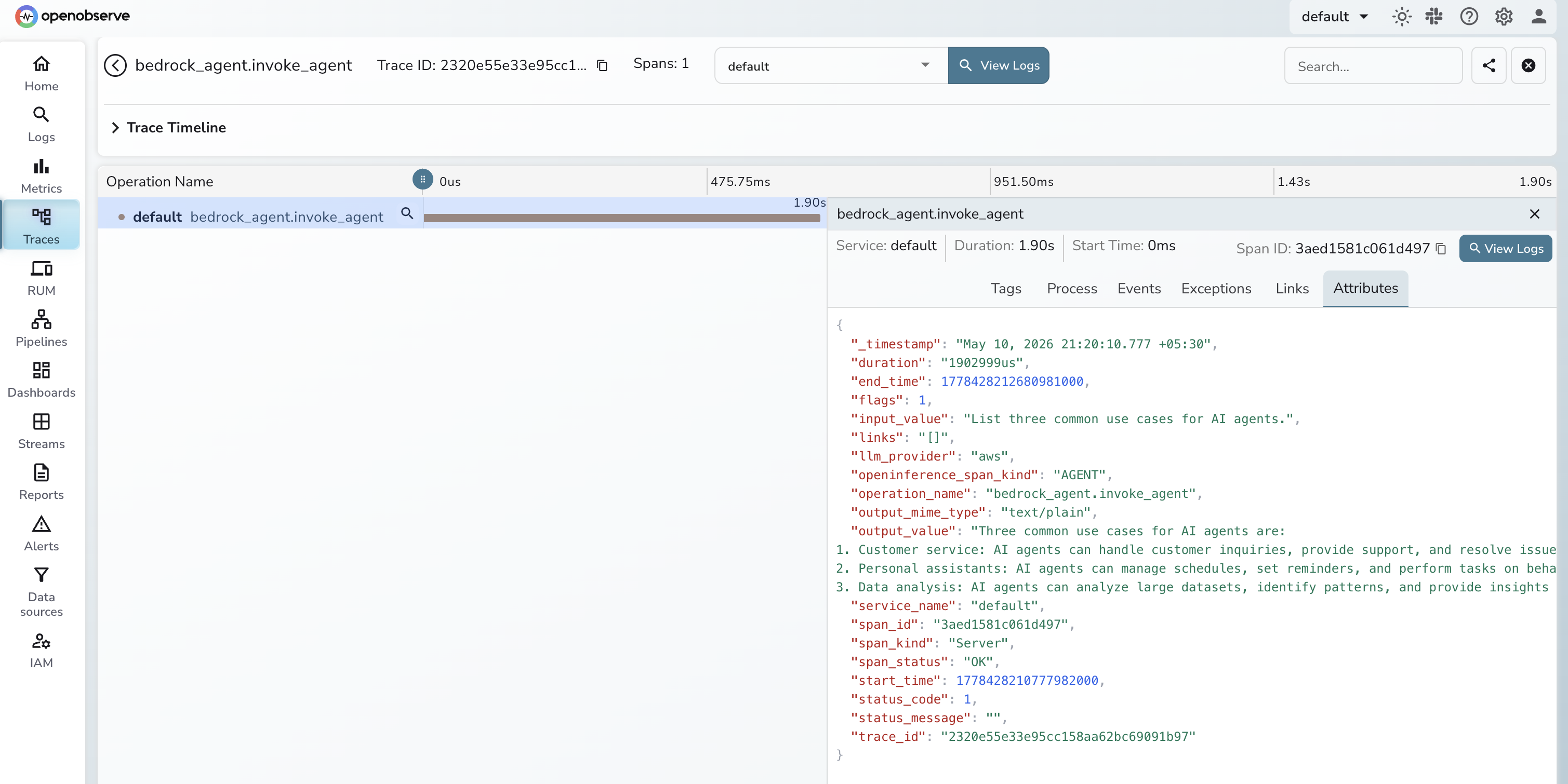Amazon Bedrock Agents trace in OpenObserve