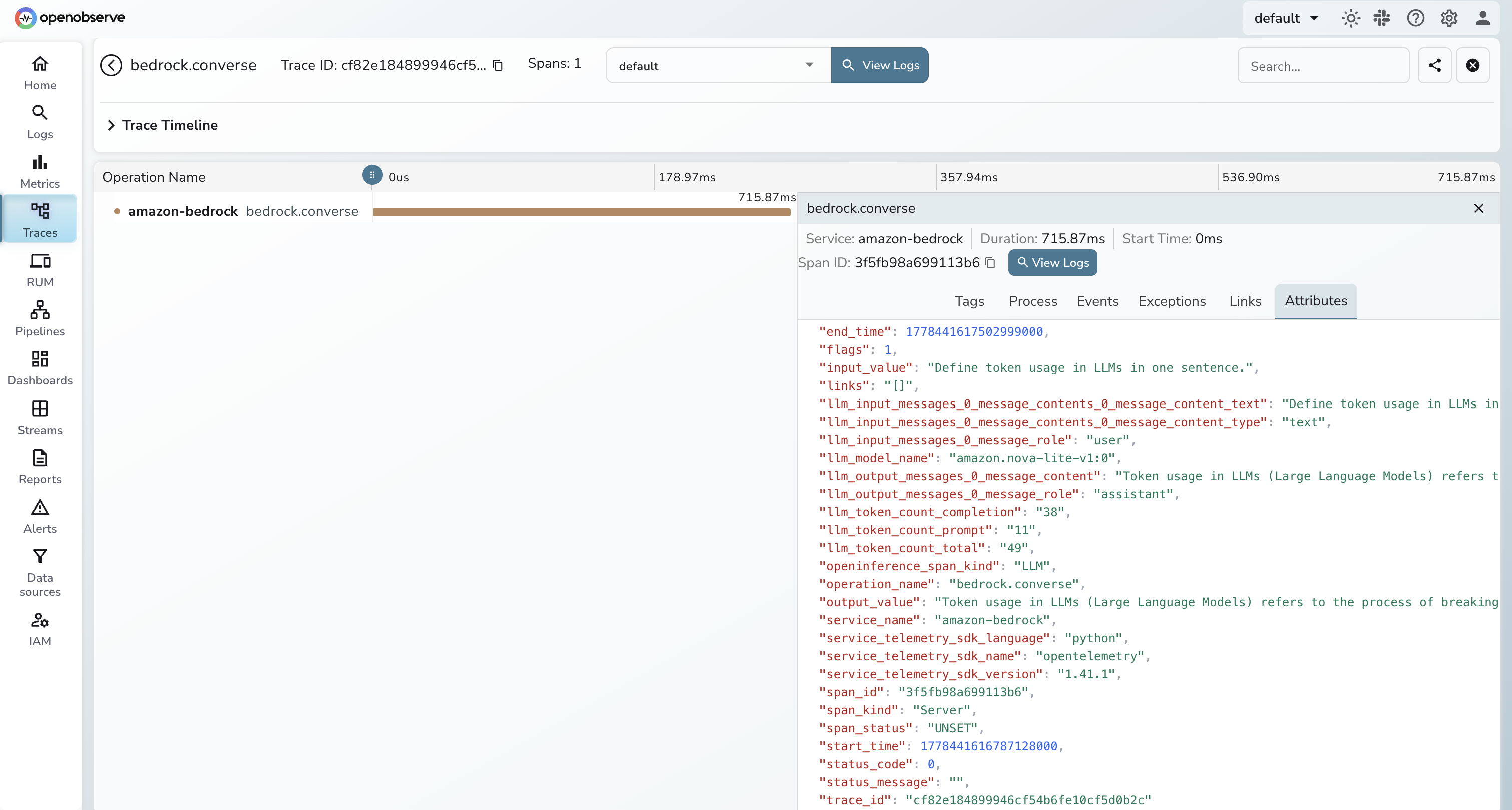 Amazon Bedrock trace span in OpenObserve