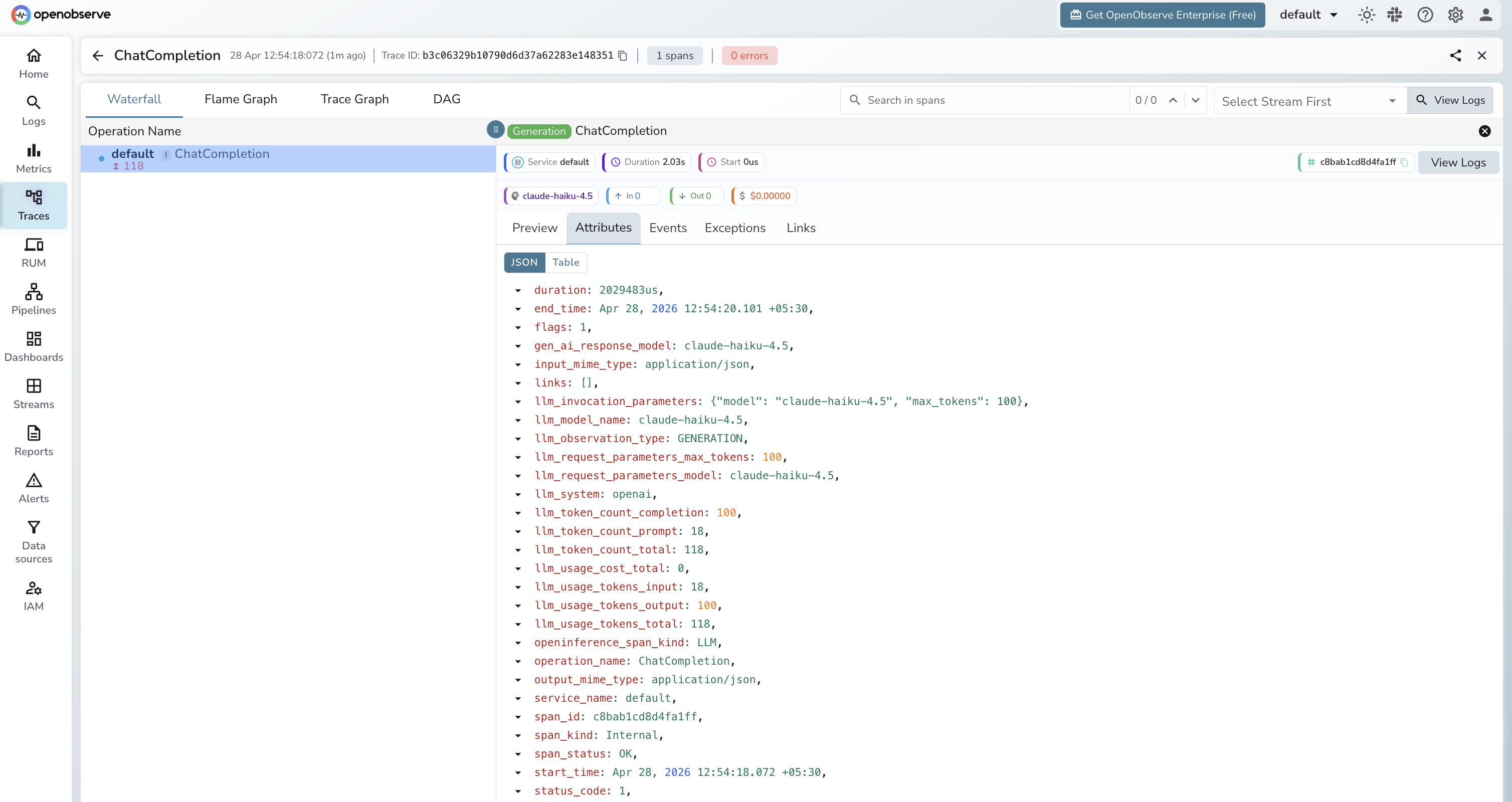 Anannas trace in OpenObserve