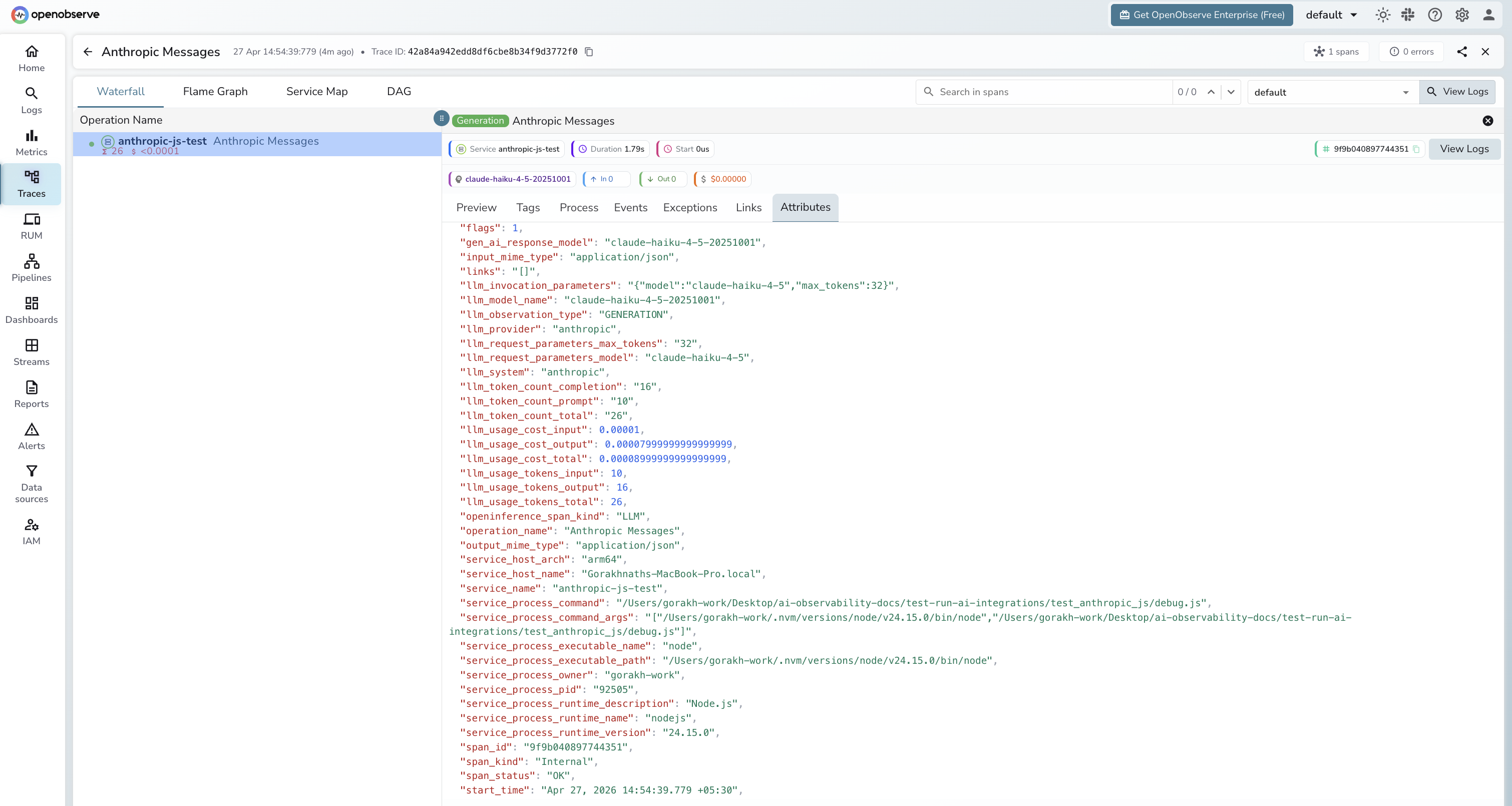 Anthropic JS traces in OpenObserve