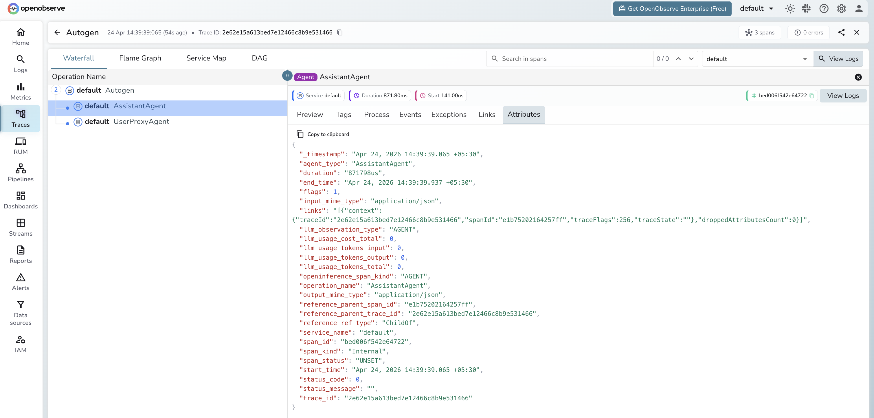 AutoGen trace in OpenObserve
