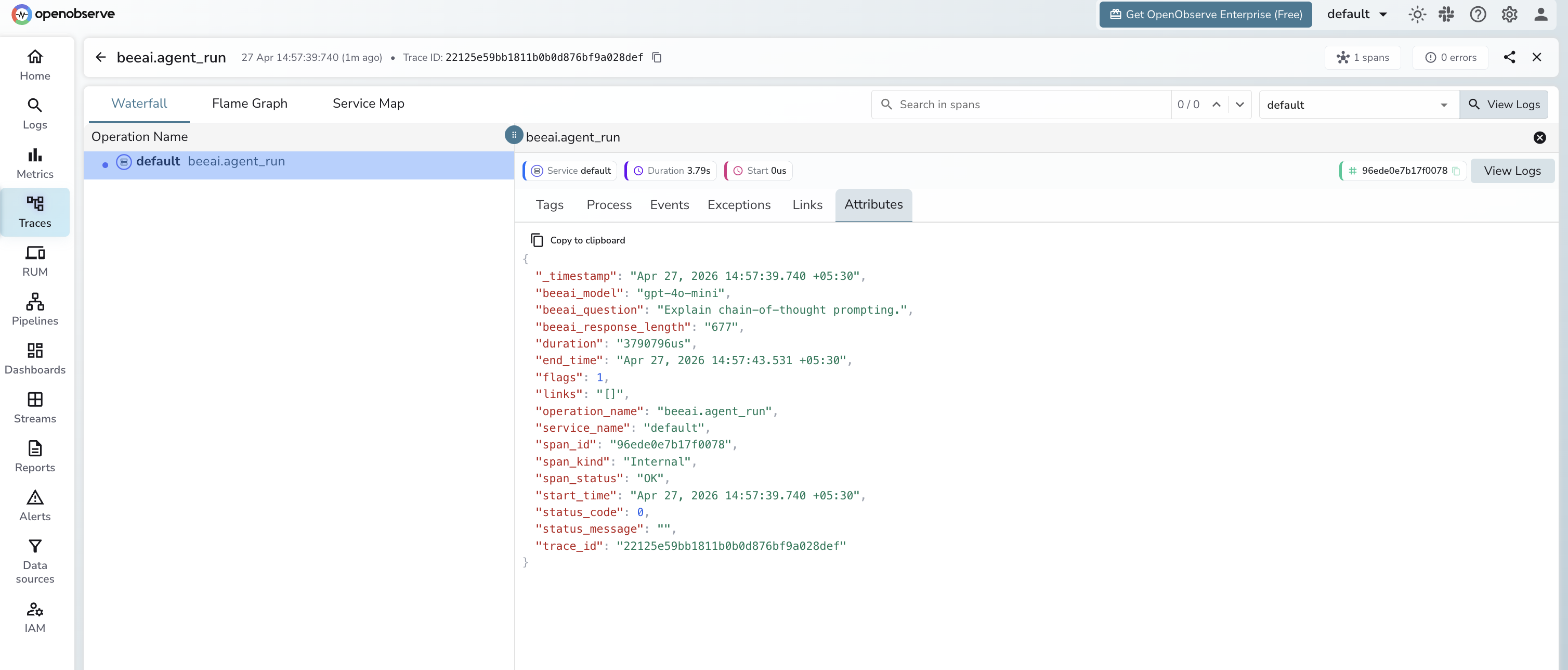 BeeAI trace in OpenObserve