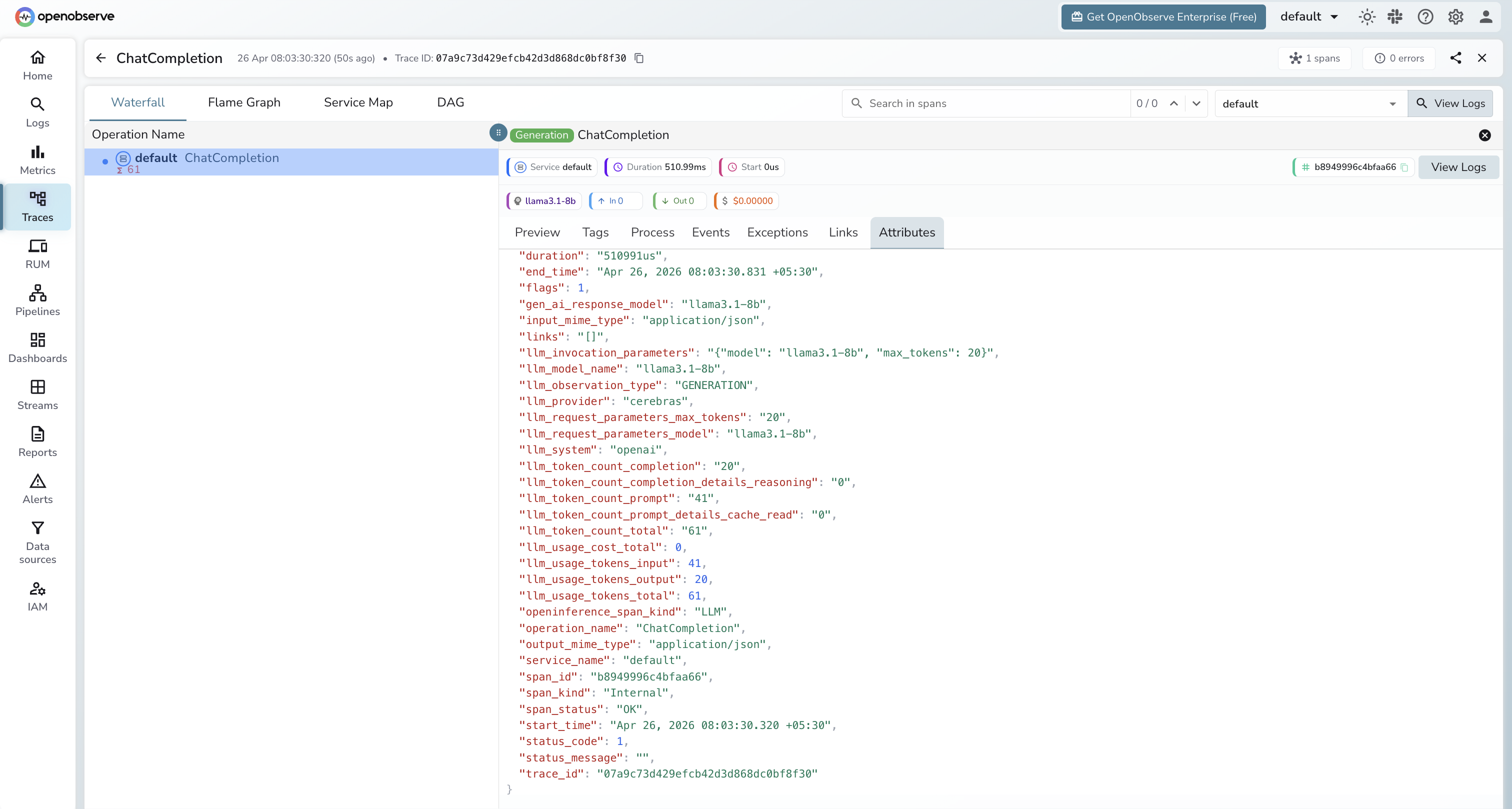 Cerebras trace in OpenObserve