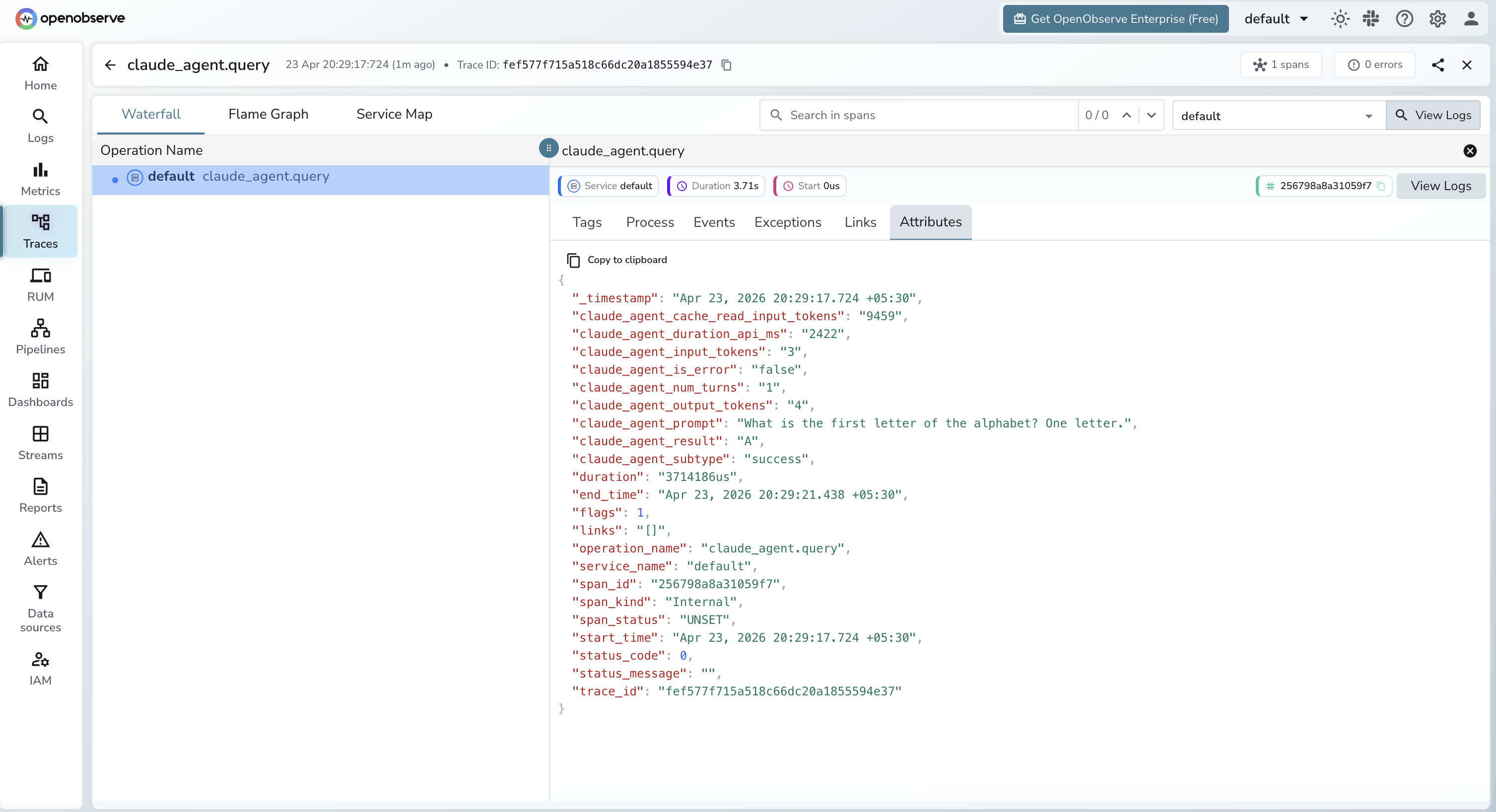 Claude Agent SDK trace in OpenObserve
