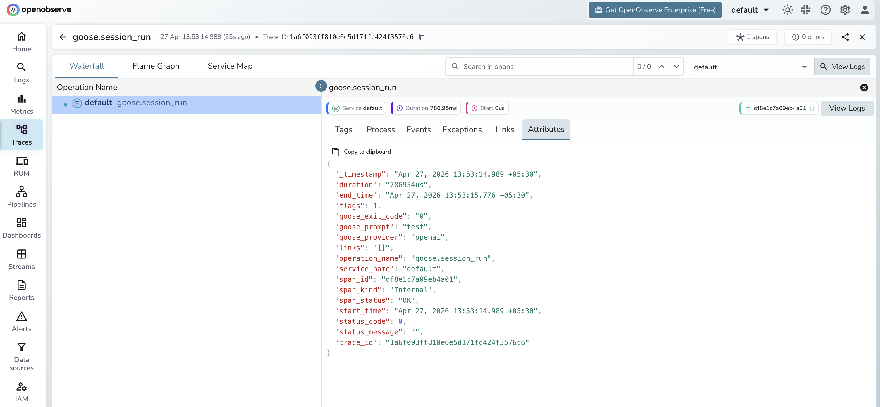 Codename Goose trace in OpenObserve